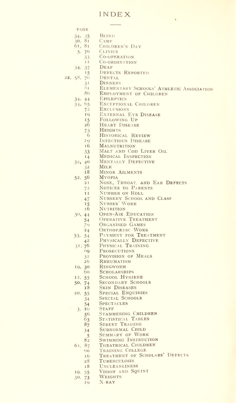 22, PAGE 34. 35 Blind 30. 81 Camp 61, 81 Children’s Day 5. 70 Clinics 33 Co-operation 11 Co-ordination 34. 37 Deaf >5 Defects Reported 58. 70 Dental 31 Dinners 8 1 Elementary Schools' Athletic Association 86 Employment of Children 34. 44 Epileptics 34. 65 Exceptional Children 72 Exclusions 19 External Eye Disease 15 Following Up 26 Heart Disease 73 Heights 6 Historical Review 29 Infectious Disease 16 Malnutrition 33 Malt and Cod Liver Oil 14 Medical Inspection 34, 40 Mentally Defective 32 Milk 18 Minor Ailments 52, 56 Myopia 21 Nose, Throat, and Ear Defects 72 Notices to Parents 11 Number on Roll 47 Nursery School and Class 15 Nurses' Work 16 Nutrition 3°, 44 Open-Air Education 54 Operative Treatment 79 Organised Games 24 Orthopaedic Work 53, 54 Payment for Treatment 42 Physically Defective 31 > 76 Physical Training hg Prosecutions 31 Provision of Meals 26 Rheumatism 19, 30 Ringworm 60 Scholarships 12, 55 School Hygiene 50, 74 Secondary Schools 18 Skin Diseases 20, 55 Special Enquiries 34 Special Schools 54 Spectacles 3. 10 Staff 56 Stammering Children 63 Statistical Tables 87 Street Trading 34 Subnormal Child 5 Summary of Work 82 Swimming Instruction 61, 87 Theatrical Children 60 Training College 16 Treatment of Scholars’ Defects 28 Tuberculosis 18 Uncleanliness 19. 55 Vision and Squint 3°. 73 Weights 19 X-RAY