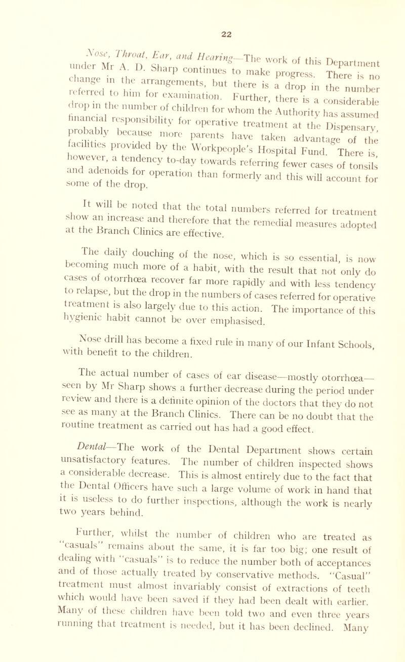 under M,A™n' £? f^-The work of this Department chanrre in tl » ' P contlnues t0 'a1' progress. There is no rrferfed to W n fo gem° '■ ‘ ‘here * a droP in «« number ud t0 111111 lor examination. Further then* i« „ ■ , , . jJr°P m !lR‘ num^r <)f children for whom the Authority has assmned hnanciai respons.b.Iity for operative treatment at the Dispensary probable because more parents have taken advantaged fa,,ht.es provided by the Workpeople's Hospital Fund. There is anTadenoW:1;  ^ f— «« of tonsiU “me o“he dr:;0Pera“0n th“ fame^ ad this id ™ for It will be noted that the total numbers referred for treatment atT “o 'Tvm and therefore that the remedial measures adopted at the Branch Clinics are effective. The daily douching of the nose, which is so essential, is now  lonung much more of a habit, with the result that not only do cases of otorrhcea recover far more rapidly and with less tendency o relapse, but the drop in the numbers of cases referred for operative eat nan t is also largely due to this action. The importance of this hygienic habit cannot be over emphasised. Nose drill has become a fixed rule in many of our Infant Schools with benefit to the children. The actual number of cases of ear disease—mostly otorrhcea— seen by Sharp shows a further decrease during the period under review and there is a definite opinion of the doctors that they do not see as many at the Branch Clinics. There can be no doubt that the loutine treatment as carried out has had a good effect. Dental The work of the Dental Department shows certain unsatisfactory features. The number of children inspected shows a < onsiderable decrease. This is almost entirely due to the fact that the Dental Officers have such a large volume of work in hand that it is useless to do further inspections, although the work is nearly two years behind. further, whilst the number of children who are treated as casuals remains about the same, it is far too big; one result of dealing with casuals” is to reduce the number both of acceptances and of those actually treated by conservative methods. “Casual” treatment must almost invariably consist of extractions of teeth which would have been saved if they had been dealt with earlier. Main of these children have been told two and even three years running that treatment is needed, but it has been declined. Many