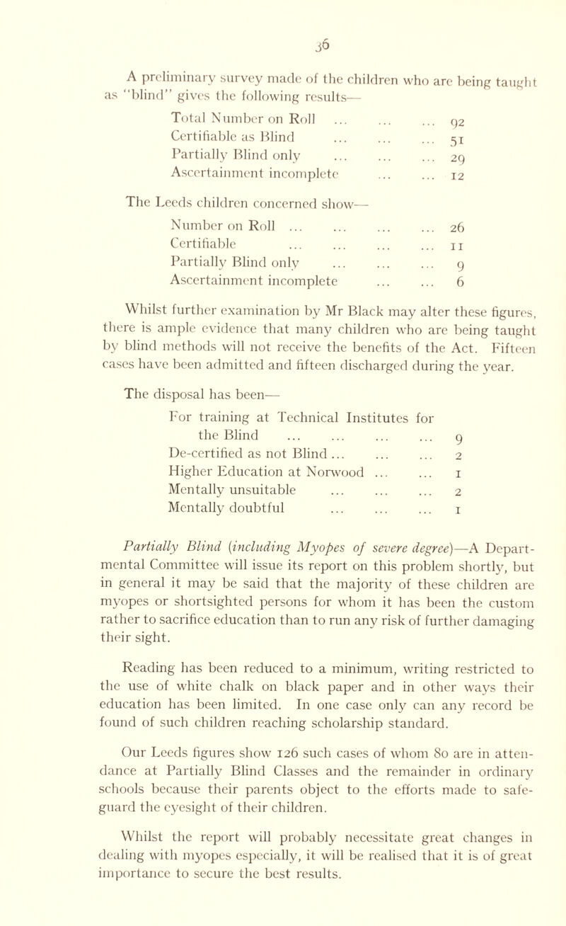 A preliminary survey made of the children who arc being taught as “blind” gives the following results— Total Number on Roll ... ... ... q2 Certifiable as Blind . 51 Partially Blind only . 29 Ascertainment incomplete . 12 The 1 -eeds children concerned show— Number on Roll ... ... ... ... 26 Certifiable ... ... ... ... u Partially Blind only ... ... ... 9 Ascertainment incomplete ... ... 6 Whilst further examination by Mr Black may alter these figures, there is ample evidence that many children who are being taught by blind methods will not receive the benefits of the Act. Fifteen cases have been admitted and fifteen discharged during the year. The disposal has been— For training at Technical Institutes fo the Blind ... ... ... ... 9 De-certified as not Blind ... ... ... 2 Higher Education at Norwood ... ... 1 Mentally unsuitable ... ... ... 2 Mentally doubtful ... ... ... 1 Partially Blind (including Myopes of severe degree)—A Depart¬ mental Committee will issue its report on this problem shortly, but in general it may be said that the majority of these children are myopes or shortsighted persons for whom it has been the custom rather to sacrifice education than to run any risk of further damaging their sight. Reading has been reduced to a minimum, writing restricted to the use of white chalk on black paper and in other ways their education has been limited. In one case only can any record be found of such children reaching scholarship standard. Our Leeds figures show 126 such cases of whom 80 are in atten¬ dance at Partially Blind Classes and the remainder in ordinary schools because their parents object to the efforts made to safe¬ guard the eyesight of their children. Whilst the report will probably necessitate great changes in dealing with myopes especially, it will be realised that it is of great importance to secure the best results.