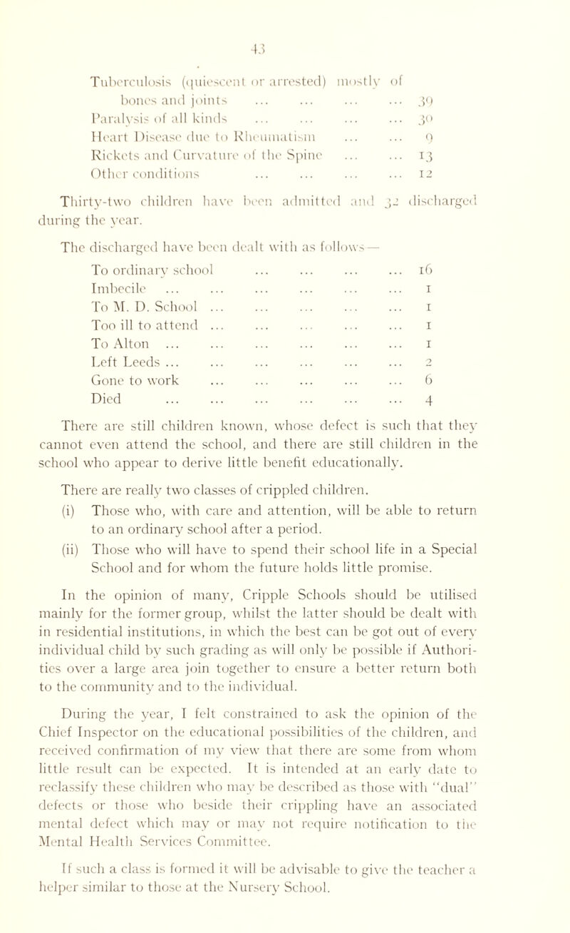 Tuberculosis (quiescent or arrested) mostly of bones and joints ... ... ... ... 39 Paralysis of all kinds ... ... ... ... 30 Heart Disease due to Rheumatism ... ... 9 Rickets and Curvature of the Spine ... ... 13 Other conditions ... ... ... ... 12 Thirty-two children have during the year. been admitted md discharged The discharged have been dealt with as follows — To ordinary school Imbecile To M. D. School ... Too ill to attend ... To Alton Left Leeds ... Gone to work Died 16 i 1 1 1 2 6 4 There are still children known, whose defect is such that they cannot even attend the school, and there are still children in the school who appear to derive little benefit educationally. There are really two classes of crippled children. (i) Those who, with care and attention, will be able to return to an ordinary school after a period. (ii) Those who will have to spend their school life in a Special School and for whom the future holds little promise. In the opinion of many, Cripple Schools should be utilised mainly for the former group, whilst the latter should be dealt with in residential institutions, in which the best can be got out of every individual child by such grading as will only be possible if Authori¬ ties over a large area join together to ensure a better return both to the community and to the individual. During the year, I felt constrained to ask the opinion of the Chief Inspector on the educational possibilities of the children, and received confirmation of my view that there are some from whom little result can be expected. It is intended at an early date to reclassify these children who may be described as those with “dual defects or those who beside their crippling have an associated mental defect which may or may not require notification to the Mental Health Services Committee. If such a class is formed it will be advisable to give the teacher a helper similar to those at the Nursery School.