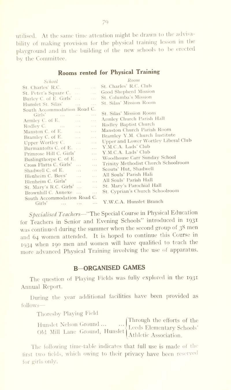 7f) utilised. At the same time attention might be drawn to the advisa¬ bility of making provision for the physical training lesson in the playground and in the building of the new schools to be eie< ted by the Committee. Rooms rented for Physical Training School St. Charles’ R.C. St. Peter’s Square C. Burley C. of E. Girls’ Hunslet St. Silas’ South Accommodation Road C. Girls’ Armley C. of K. Rodley C. . Manston C. of E. Bramley C. of E. Upper Wortlcy C. Burmantofts C. of E. Primrose Hill C. Girls’ Buslingthorpe C. of E. Cross Flatts C. Girls’ ... Shadwell C. of E. Blenheim C. Boys' Blenheim C. Girls’ St. Mary’s R.C. Girls’ ... Brownhill C. Annexe ... South Accommodation Road C. Girls’ Room St. Charles’ R.C. Club Good Shepherd Mission St. Columba's Mission St. Silas' Mission Room St. Silas’ Mission Room Armley Church Parish Hall Rodley Baptist Church Manston Church Parish Room Bramley Y.M. Church Institute Upper and Lower Wortlcy Liberal C tub Y.M.C.A. Lads’ Club Y.M.C.A. Lads’ Club Woodhouse Carr Sunday School Trinity Methodist Church Schoolroom Scouts' Hut, Shadwell All Souls’ Parish Hall All Souls’ Parish Hall St. Mary’s Parochial Hall St. Cyprian’s Church Schoolroom Y.W.C.A. Hunslet Branch Specialised Teachers—The Special Course in Physical Education for Teachers in Senior and Evening Schools” introduced in 1931 was continued during the summer when the second group of 3S men and 64 women attended. It is hoped to continue this Course in 10-I4 when 190 men and women will have qualified to teach the more advanced Physical Training involving the use of apparatus. B—ORGANISED GAMES The question of Playing Fields was fully explored in the 1931 Annual Report. During the year additional facilities have been provided as follows— Thoresby Playing Field Hunslet Nelson Ground ... Old Mill Lane Ground, Hunslet I Through the efforts of the Leeds Elementary Schools’ Athletic Association. The following time-table indicates that full use is made of the first two fields, which owing to their privacy have been reserved for girls only.