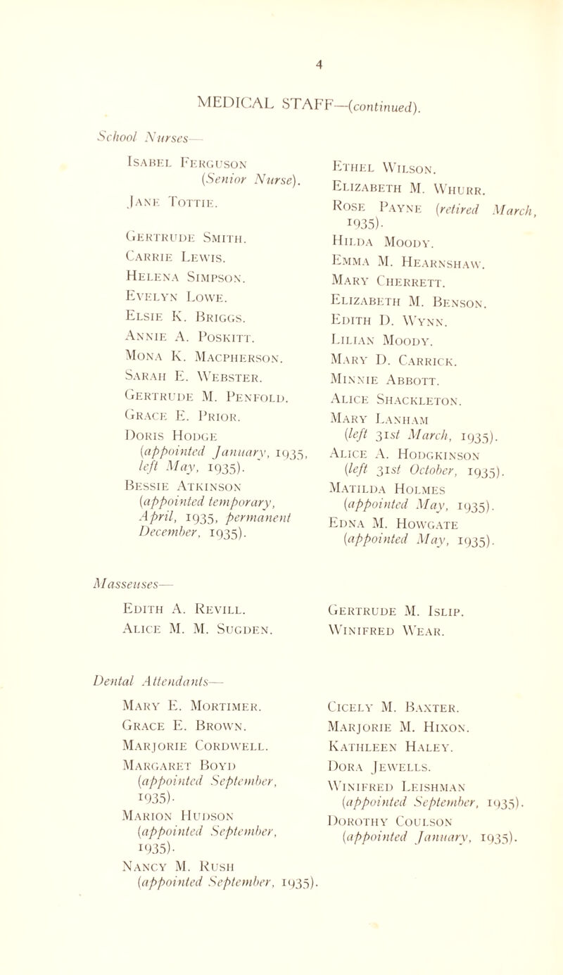 MEDIC-AL S FA I F—(continued). School Nurses Isabel Ferguson (.Senior Nurse). Jane Tottie. Gertrude Smith. Carrie Lewis. Helena Simpson. Evelyn Lowe. Elsie K. Briggs. Annie A. Poskitt. Mona K. Magpherson. Sarah E. Webster. Gertrude M. Penfold. Grace E. Prior. Doris Hodge (iappointed January, 1935, left May, 1935). Bessie Atkinson (appointed temporary, April, 1935, permanent December, 1935). M asseuses— Edith A. Revill. Alice M. M. Sugden. Dental Attendants— Mary E. Mortimer. Grace E. Brown. Marjorie Cordwell. Margaret Boyd (appointed September, 1935)- Marion Hudson (appointed September, 1935)- Nancy M. Rush (appointed September, 1935). Ethel Wilson. Elizabeth M. Whurr. Rose Payne (retired March I935)- Hilda Moody. Emma M. Hearnshaw. Mary Cherrett. Elizabeth M. Benson. Edith IX Wynn. Lilian Moody. Mary D. Carrick. Minnie Abbott. Alice Shackleton. Mary Lanham (left 31 st March, 1935). Alice A. Hodgkinson (left 31 st October, 1935). Matilda Holmes (appointed May, 1935). Edna M. Howgate (appointed May, 1935). Gertrude M. Islip. Winifred Wear. Cicely M. Baxter. Marjorie M. Hixon. Kathleen Haley. Dora Jewells. Winifred Leishman (appointed September, 1935). Dorothy Coulson (appointed January, 1935).