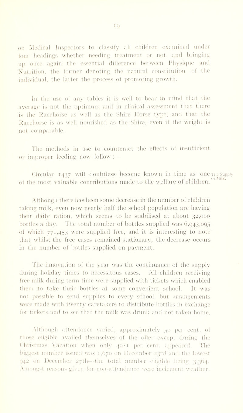 on Medical Inspectors to classify all children examined under four headings whethci needing treatment or not, and bringing up once again the essential difference between Physique and Nutrition, the former denoting the natural constitution ol the individual, the latter the process of promoting growth. In the use of any tables it is well to bear in mind that the average is not the optimum and in clinical assessment that there i> the Racehorse as well as the Shire Horse type, and that the Racehorse is as well nourished as the Shire, even it the weight is not comparable. The methods in use to counteract the effects ol insufficient or improper feeding now follow : ( ircular i-|J7 will doubtless become known in time as one of the most valuable contributions made to the welfare of children. Although there has been some decrease in the number of children taking milk, even now nearly half the school population are having their daily ration, which seems to be stabilised at about 32,000 bottles a day. I he total number of bottles supplied was 6,943,095 of which 771,453 were supplied free, and it is interesting to note that whilst the free cases remained stationary, the decrease occurs in the number of bottles supplied on payment. The innovation of the year was the continuance of the supply during holiday times to necessitous cases. All children receiving free milk during term time were supplied with tickets which enabled them to take their bottles at some convenient school. It was not possible to send supplies to every school, but arrangements were made with twenty caretakers to distribute bottles in exchange lor tickets and to see that the milk was drunk and not taken home. Although attendance varied, approximately 50 per cent, of those eligible availed themselves of the offer except during the Christmas Vacation when onlv 40-1 per cent, appeared. The biggest number issued was 1,670 on December 23rd and the lowest 942 on December 27th- the total number eligible being 3,364. Amongst reasons given for non-attendance were inclement weather. Tli: Supply or Milk.