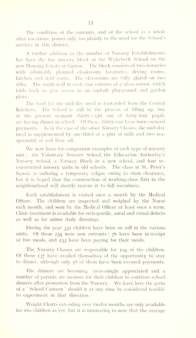 The condition of the entrants, and of the school as a whole aftci vacations, points only too plainly to the need for the School s services in this district. A further addition to the number of Nursery Establishments has been the line nursery block at the Wykebeck School on the new Housing Estate at Ciipton. The block consists ol two nurseries with admirably planned cloakroom, lavatories, drying rooms, kitchen and staff room, t he classrooms are fully glazed on two sides, l he south wall in each case consists of a glass screen, which folds back to give access to an asphalt playground and garden plots. The food for the mid-day meal is forwarded from the Central Kitchens. The School is still in the process of filling up, but at the present moment thirty-* ight out of forty-four pupils are having dinner in school. Of these, thirty-one have been excused payments. As in the case of the other Nursery Classes, the mid-day meal is supplemented by one-third of a pint ol milk and two tea- spoonsful of cod liver oil. We now have for comparison examples of each type of nursery unit ; tiie Voluntary Nursery School, the Education Authority’s Nursery School, a Nursery Block in a new school, and four re¬ constructed nursery units in old schools. The class at St. Peter’s Square is suffering a temporary eclipse owing to slum clearance, but it is hoped that the construction of working-class flats in the neighbourhood will shortly restore it to full usefulness. Each establishment is visited once a month by the Medical Officer. The children are inspected and weighed by the Nurse each month, and seen by the Medical Officer at least once a term. Clinic treatment is available for orthopaedic, aural and visual defects as well as for minor daily dressings. During the year 331 children have been on roll in the various units. Of these 234 were new entrants ; 76 have been in receipt of free meals, and 233 have been paying for their meals. The Nursery Classes are responsible for 194 of the children. Of these 137 have availed themselves of the opportunity to stay to dinner, although only 58 of them have been excused payments. The dinners are becoming increasingly appreciated and a number of parents are anxious for their children to continue school dinners after promotion from the Nursery. We have here the germ of a ‘ School Canteen ’ should it at any time be considered feasible to experiment in that direction. Weight Charts extending over twelve months are only available for 160 children as yet, but it is interesting to note that the average