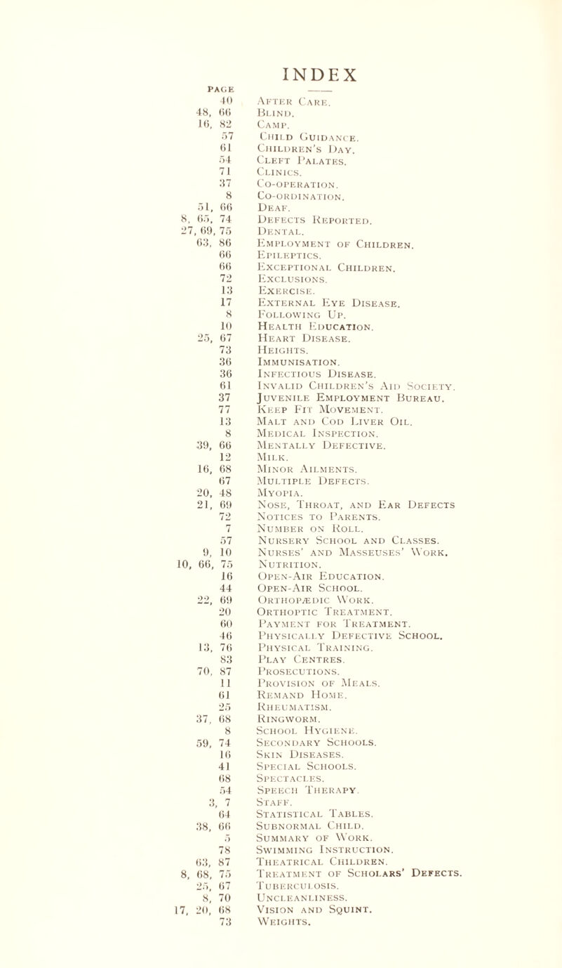 INDEX PAGE — 40 After Care. 48, 66 Blind. 16, 82 Camp. 57 Child Guidance. 61 Children’s Day. 54 Cleft Palates. 71 Clinics. 37 Co-operation. 8 Co-ordination. 51, 66 Deaf. 8, 65, 74 Defects Reported. 27, 69, 75 Dental. 63, 86 Employment of Children. 66 Epileptics. 66 Exceptional Children. 72 Exclusions. 13 Exercise. 17 External Eye Disease. 8 Following Up. 10 Health Education. 25, 67 Heart Disease. 73 Heights. 36 Immunisation. 36 Infectious Disease. 61 Invalid Children’s Aid Society. 37 Juvenile Employment Bureau. 77 Keep Fit Movement. 13 Malt and Cod Liver Oil. 8 Medical Inspection. 39, 66 Mentally Defective. 12 Milk. 16, 68 Minor Ailments. 67 Multiple Defects. 20, 48 Myopia. 21, 69 Nose, Throat, and Ear Defects 72 Notices to Parents. 7 Number on Roll. 57 Nursery School and Classes. 0, 10 Nurses’ and Masseuses’ Work. 10, 66, 75 Nutrition. 16 Open-Air Education. 44 Open-Air School. 22 69 Orthopaedic Work. 20 Orthoptic Treatment. 60 Payment for Treatment. 46 Physically Defective School. 13, 76 Physical Training. 83 Play Centres. 70, 87 Prosecutions. 11 Provision of Meals. 6 J Remand Home. 25 Rheumatism. 37, 68 Ringworm. 8 School Hygiene. 59, 74 Secondary Schools. 16 Skin Diseases. 41 Special Schools. 68 Spectacles. 54 Speech Therapy. 3, , 7 Staff. 64 Statistical Tables. 38, 66 Subnormal Child. 5 Summary of Work. 78 Swimming Instruction. 63, 87 Theatrical Children. 8, 68, 75 Treatment of Scholars’ Defects. 25, 67 Tuberculosis. 8, 70 Uncleani.iness. 17, 20, 68 Vision and Squint. 73 Weights.