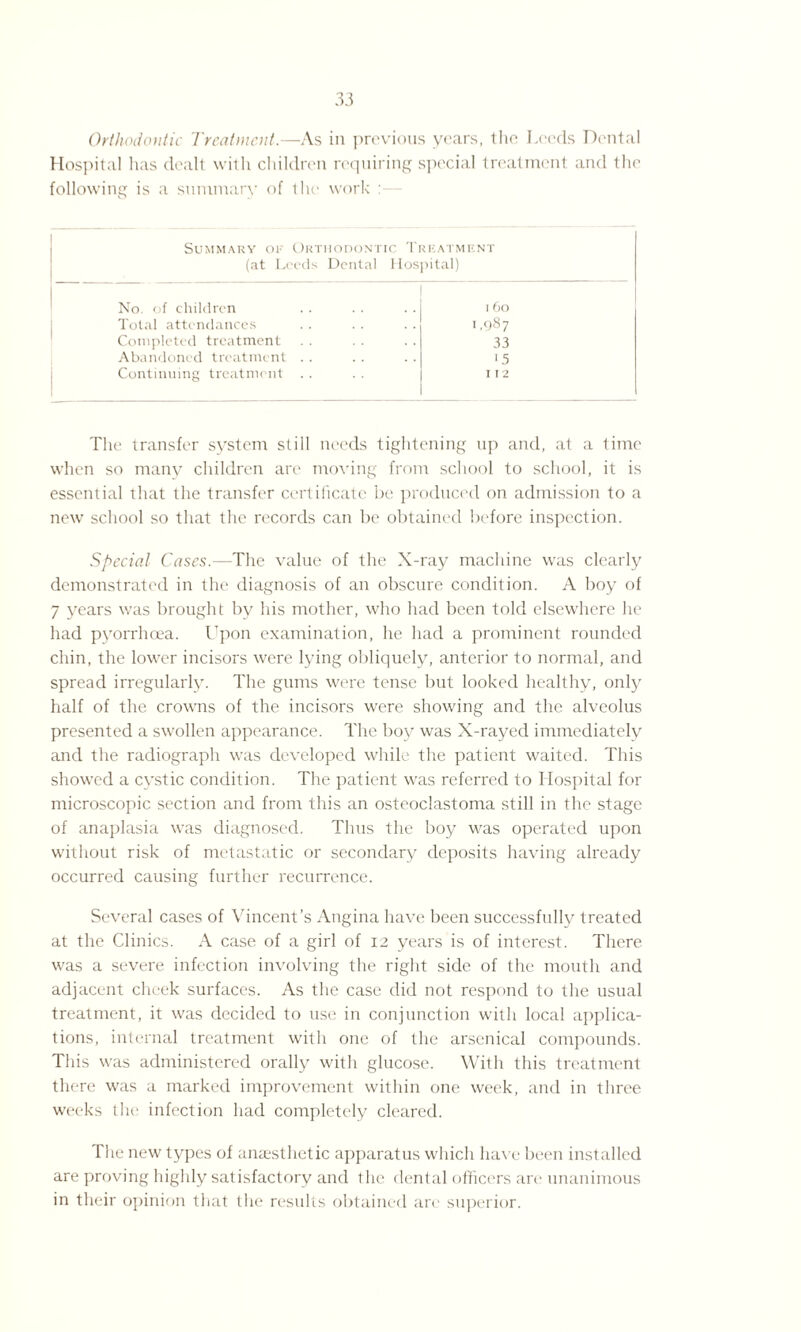 Hospital has dealt with children requiring special treatment and the following is a summary of the work : Summary of Orthodontic Trkatment (at Leeds Dental Hospital) No. of children I 60 Total attendances 1.987 Completed treatment 33 Abandoned treatment . . '5 Continuing treatment . . I 12 The transfer system still needs tightening up and, at a time when so many children are moving from school to school, it is essential that the transfer certificate be produced on admission to a new school so that the records can be obtained before inspection. Special Cases.—The value of the X-ray machine was clearly demonstrated in the diagnosis of an obscure condition. A boy of 7 years was brought by his mother, who had been told elsewhere he had pyorrhoea. Upon examination, he had a prominent rounded chin, the lower incisors were lying obliquely, anterior to normal, and spread irregularly. The gums were tense but looked healthy, only half of the crowns of the incisors were showing and the alveolus presented a swollen appearance. The boy was X-rayed immediately and the radiograph was developed while the patient waited. This showed a cystic condition. The patient was referred to Hospital for microscopic section and from this an osteoclastoma still in the stage of anaplasia wras diagnosed. Thus the boy was operated upon without risk of metastatic or secondary deposits having already occurred causing further recurrence. Several cases of Vincent’s Angina have been successfully treated at the Clinics. A case of a girl of 12 years is of interest. There was a severe infection involving the right side of the mouth and adjacent cheek surfaces. As the case did not respond to the usual treatment, it was decided to use in conjunction with local applica¬ tions, internal treatment with one of the arsenical compounds. This was administered orally with glucose. With this treatment there was a marked improvement within one week, and in three weeks the infection had completely cleared. The new types of anaesthetic apparatus which have been installed are proving highly satisfactory and the dental officers are unanimous in their opinion that the results obtained are superior.