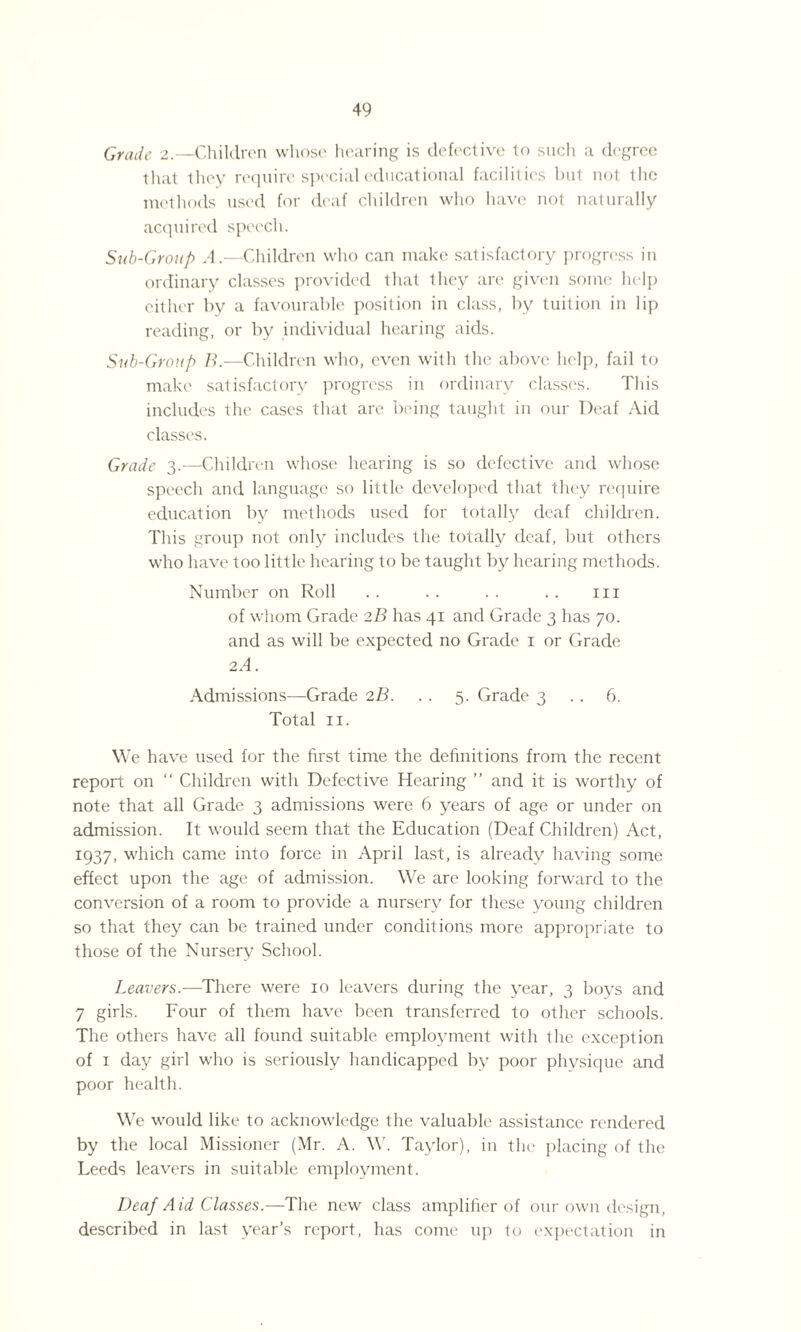 Grade 2.—Children whose hearing is defective to such a degree that they require special educational facilities but not the methods used for deaf children who have not naturally acquired speech. Sub-Group A.—Children who can make satisfactory progress in ordinary classes provided that they are given some help either by a favourable position in class, by tuition in lip reading, or by individual hearing aids. Sub-Group B.—Children who, even with the above help, fail to make satisfactory progress in ordinary classes. This includes the cases that are being taught in our Deaf Aid classes. Grade 3.-—Children whose hearing is so defective and whose speech and language so little developed that they require education by methods used for totally deaf children. This group not only includes the totally deaf, but others who have too little hearing to be taught by hearing methods. Number on Roll . . . . . . . . in of whom Grade 2B has 41 and Grade 3 has 70. and as will be expected no Grade 1 or Grade 2.4. Admissions—Grade 2B. . . 5. Grade 3 .. 6. Total 11. We have used for the first time the definitions from the recent report on “ Children with Defective Hearing ” and it is worthy of note that all Grade 3 admissions were 6 years of age or under on admission. It would seem that the Education (Deaf Children) Act, 1937, which came into force in April last, is already having some effect upon the age of admission. We are looking forward to the conversion of a room to provide a nursery for these young children so that they can be trained under conditions more appropriate to those of the Nursery School. Leavers.—There were 10 leavers during the year, 3 boys and 7 girls. Four of them have been transferred to other schools. The others have all found suitable employment with the exception of 1 day girl who is seriously handicapped by poor physique and poor health. We would like to acknowledge the valuable assistance rendered by the local Missioner (Mr. A. W. Taylor), in the placing of the Leeds leavers in suitable employment. Deaf Aid Classes.—The new class amplifier of our own design, described in last year’s report, has come up to expectation in