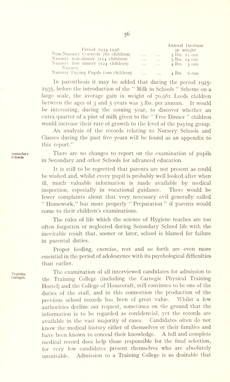 secondary Schools Training Colleges. Period 1934-1938 Non-Nursery Controls (80 children) Nursery non-dinner (124 children) Nursery free dinner (124 children) N ursery Nursery Paying Pupils (200 children) Annual Increase in weight 3 lbs. 11 ozs. 3 lbs. 14 ozs. 4 lbs. 3 ozs. 4 lbs. 6 ozs. In parenthesis it may be added that during the period 1925- 1935, before the introduction of the “ Milk in Schools ’’ Scheme on a large scale, the average gain in weight of 70,981 Leeds children between the ages of 3 and 5 years was 3 lbs. per annum. It would be interesting, during the coming year, to discover whether an extra quarter of a pint of milk given to the “ Free Dinner ” children would increase their rate of growth to the level of the paying group. An analysis of the records relating to Nursery Schools and Classes during the past five years will be found as an appendix to this report.” There are no changes to report on the examination of pupils in Secondary and other Schools for advanced education. It is still to be regretted that parents are not present as could be wished and, whilst every pupil is probably well looked after when ill, much valuable information is made available by medical inspection, especially in vocational guidance. There would be fewer complaints about that very necessary evil generally called “ Homework,” but more properly “ Preparation ” if parents would come to their children’s examinations. The rules of life which the science of Hygiene teaches are too often forgotten or neglected during Secondary School life with the inevitable result that, sooner or later, school is blamed for failure in parental duties. Proper feeding, exercise, rest and so forth are even more essential in the period of adolescence with its psychological difficulties than earlier. The examination of all interviewed candidates for admission to the Training College (including the Carnegie Physical Training Hostel) and the College of Housecraft, still continues to be one of the duties of the staff, and in this connection the production of the previous school records has been of great value. Whilst a few authorities decline our request, sometimes on the ground that the information is to be regarded as confidential, yet the records are available in the vast majority of cases. Candidates often do not know the medical history either of themselves or their families and have been known to conceal their knowledge. A full and complete medical record does help those responsible for the final selection, for very few candidates present themselves who are absolutely unsuitable. Admission to a Training College is so desirable that