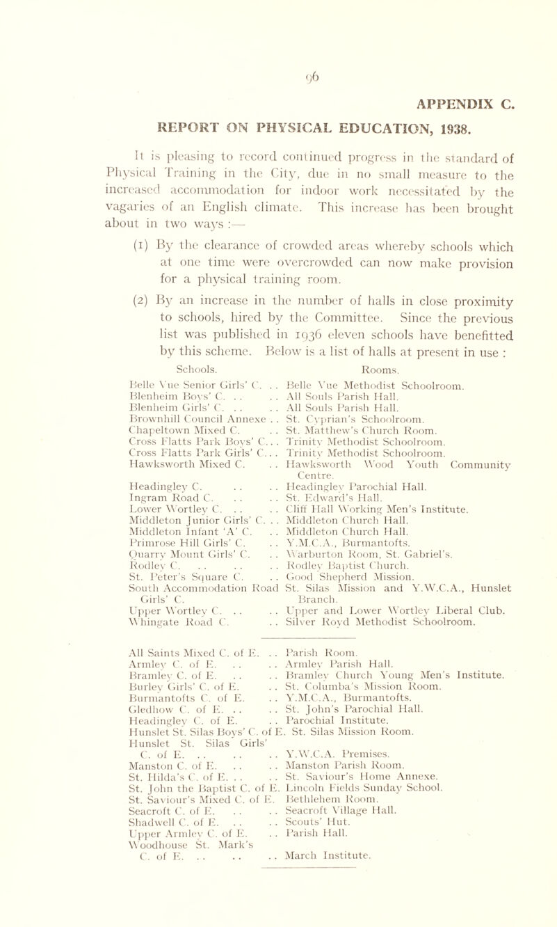 APPENDIX C REPORT ON PHYSICAL EDUCATION, 1938. It is pleasing to record continued progress in the standard of Physical Training in the City, due in no small measure to the increased accommodation for indoor work necessitated by the vagaries of an English climate. This increase has been brought about in two ways :— (1) By the clearance of crowded areas whereby schools which at one time were overcrowded can now make provision for a physical training room. (2) By an increase in the number of halls in close proximity to schools, hired by the Committee. Since the previous list was published in 1936 eleven schools have benefitted by this scheme. Below is a list of halls at present in use : Schools. Rooms. Belle Vue Senior Girls’ C. Blenheim Bovs’ C. . . Blenheim Girls’ C. Brownhill Council Annexe Chapeltown Mixed C. Cross Flatts Park Bovs’ C. Cross Flatts Park Girls’ C. Hawksworth Mixed C. Headingley C. Ingram Road C. Lower Wortley C. Middleton junior Girls’ C. Middleton Infant 'A’ C. Primrose Hill Girls’ C. Quarry Mount Girls’ C. Rodley C. St. Peter's Square C. South Accommodation Road Girls’ C. Upper Wortley C. Whingate Road C. Belle Vue Methodist Schoolroom. All Souls Parish Hall. All Souls Parish Hall. St. Cyprian’s Schoolroom. St. Matthew’s Church Room. Trinity Methodist Schoolroom. Trinity Methodist Schoolroom. Hawksworth Wood Youth Community Centre. Headingley Parochial Hall. St. Edward’s Hall. Cliff Hall Working Men’s Institute. Middleton Church Hall. Middleton Church Hall. Y.M.C.A., Burmantofts. Warburton Room, St. Gabriel’s. Rodlev Baptist Church. Good Shepherd Mission. St. Silas Mission and Y.W.C.A., Hunslet Branch. Upper and Lower Wortley Liberal Club. Silver Rovd Methodist Schoolroom. All Saints Mixed C. of E. Armley C. of E. Bramley C. of E. Burlev Girls’ C. of E. Burmantofts C. of E. Gledhow C. of E. Headingley C. of E. Hunslet St. Silas Boys’ C. of E. Hunslet St. Silas Girls’ C. of E. Manston C. of E. St. Hilda’s C. of E. . . St. John the Baptist C. of E. St. Saviour’s Mixed C. of E. Seacroft C. of E. Shadwell C. of E. Upper Armley C. of E. Woodhouse St. Mark’s C. of E. Parish Room. Armley Parish Hall. Bramlev Church Young Men’s Institute. St. Columba’s Mission Room. Y.M.C.A., Burmantofts. St. John’s Parochial Hall. Parochial Institute. St. Silas Mission Room. Y.W.C.A. Premises. Manston Parish Room. St. Saviour’s Home Annexe. Lincoln Fields Sunday School. Bethlehem Room. Seacroft Village Hall. Scouts’ Hut. Parish Hall. . . March Institute.