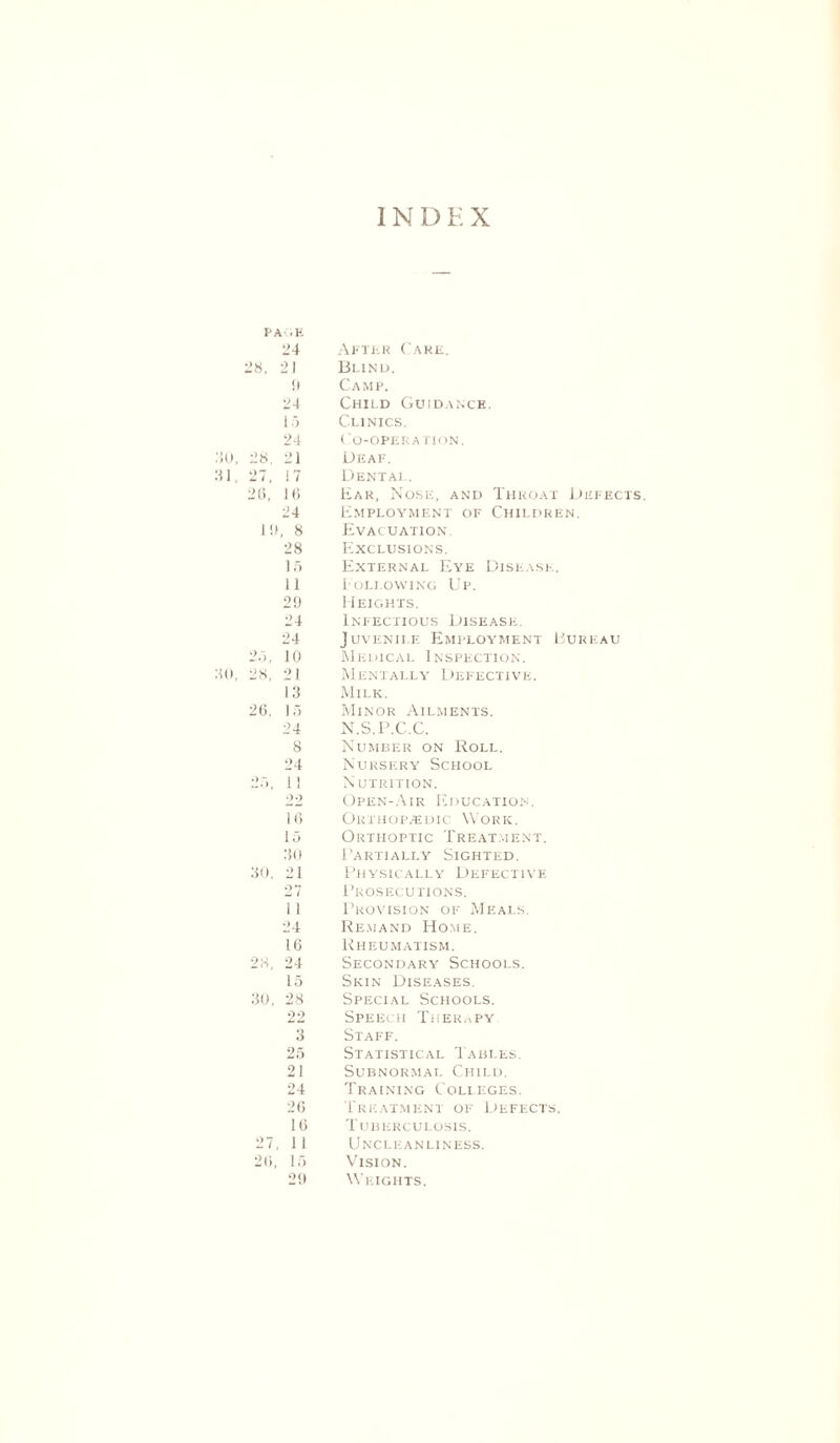 INDEX PAGE 24 After Cake. 28, 21 Blind. !( Camp. 24 Child Guidance. 15 Clinics. 24 Co-operation. 28, 21 Deaf. 27, 17 Dental. 26, 16 Ear, Nose, and Throat Defect 24 Employment of Children. 16, 8 Evacuation 28 Exclusions. 15 External Eye Disease. 11 L oli.owing Up. 29 Heights. 24 Infectious Disease. 24 Juvenile Employment Bureau 25, 10 Medical Inspection. 28, 21 Mentally Defective. 13 Milk. 26. 15 Minor Ailments. 24 N.S.P.C.C. 8 Number on Roll. 24 Nursery School 25, 11 N UTRITION. 2'» Open-Air Education. 16 Orthopaedic Work. 15 Orthoptic Treatment. 30 Partially Sighted. 30, 21 Physically Defective 27 Prosecutions. 1 1 Provision of Meals. 24 Remand Home. 16 Rheumatism. 28, 24 Secondary Schools. 15 Skin Diseases. 30, 28 Special Schools. 22 Speech Therapy 3 Staff. 25 Statistical Tables. 21 Subnormat. Child. 24 Training Colleges. 26 Treatment of Defects. 16 Tuberculosis. 27, 11 Uncleanliness. 26, 15 Vision. 29 Weights.