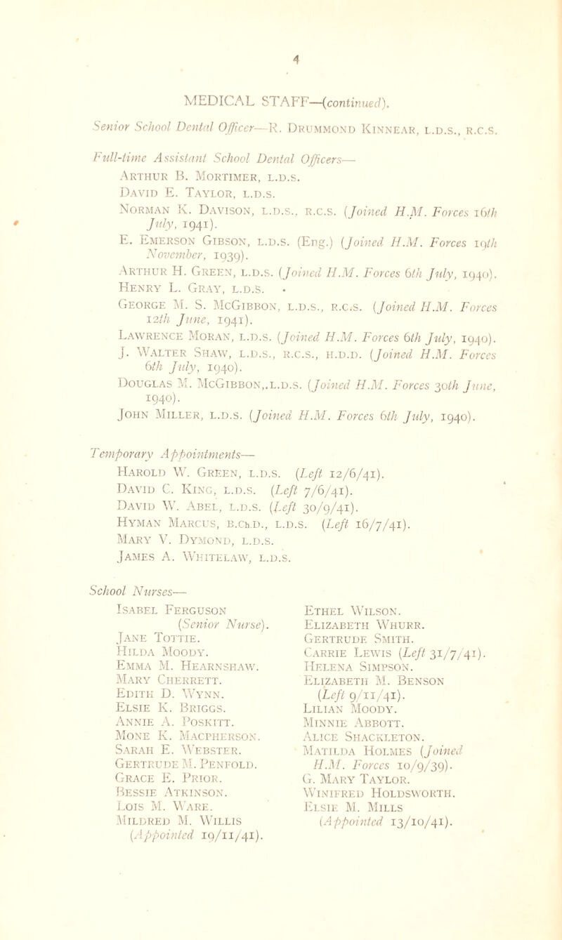 MEDICAL STAFF—(continued). Senior School Dental Officer—R. Drummond Kinnear, l.d.s., r.c.s. Full-time Assistant School Dental Officers— Arthur B. Mortimer, l.d.s. David E. Taylor, l.d.s. Norman K. Davison, l.d.s., r.c.s. (Joined H.M. Forces 16th July, 1941). E. Emerson Gibson, l.d.s. (Eng.) (Joined H.M. Forces 19tli November, 1939). Arthur H. Green, l.d.s. (Joined H.M. Forces 6th July, 1940). Henry L. Gray, l.d.s. George M. S. McGibbon, l.d.s., r.cls. (Joined H.M. Forces 12 Ih June, 1941). Lawrence Moran, l.d.s. (Joined H.M. Forces 6th July, 1940). J. Walter Shaw, l.d.s., r.c.s., h.d.d. (Joined H.M. Forces 6tli July, 1940). Douglas M. McGibbon,.l.d.s. (Joined H.M. Forces 30th June, I94°). John Miller, l.d.s. (Joined H.M. Forces 6th July, 1940). 7 emporary Appointments— Harold W. Green, l.d.s. (Left 12/6/41). David C. King, l.d.s. (Left 7/6/41). David W. Abel, l.d.s. (Left 30/9/41). Hyman Marcus, B.Ch.D., l.d.s. (Left 16/7/41). Mary V. Dymond, l.d.s. James A. Whitelaw, l.d.s. School Nurses— Isabel Ferguson (Senior Nurse). Jane Tottie. Hilda Moody. Emma M. Hearnshaw. Mary Cherrett. Edith D. Wynn. Elsie K. Briggs. Annie A. Poskitt. Mone K. Macpherson. Sarah E. Webster. Gertrude M. Peneold. Grace E. Prior. Bessie Atkinson. Lois M. Ware. Mildred M. Willis (Appointed 19/11/41). Ethel Wilson. Elizabeth Whurr. Gertrude Smith. Carrie Lewis (Left 31/7/41). Helena Simpson. Elizabeth M. Benson (Left 9/11/41). Lilian Moody. Minnie Abbott. Alice Shackleton. Matilda Holmes (Joined H.M. Forces 10/9/39). G. Mary Taylor. Winifred Holdsworth. Elsie M. Mills (Appointed 13/10/41).