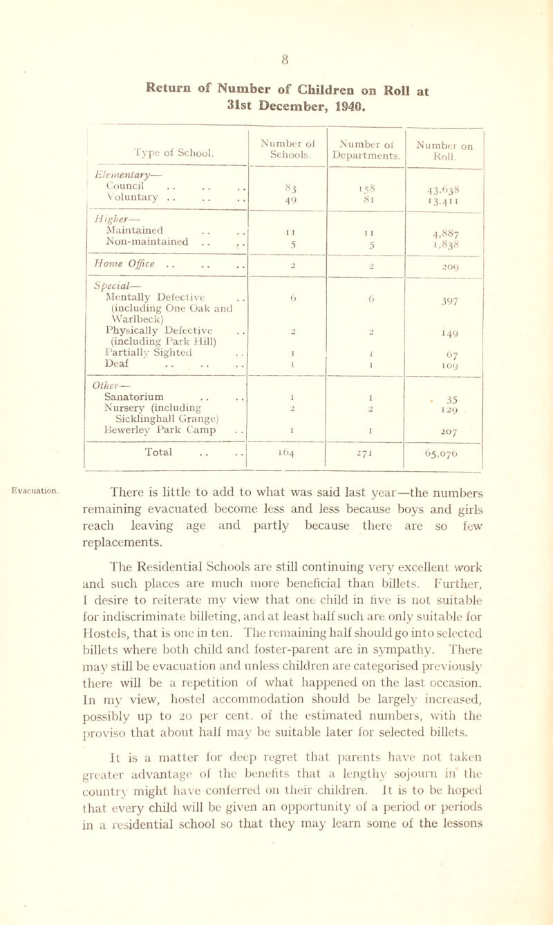 Evacuation. Return of Number of Children on Roll at 31st December, 1940. Type of School. Number of Schools. Number ol Departments. Number on Roll. Elementary— Council «3 158 43.()38 V oluntary . . 49 8r 13.411 Higher— Maintained 1 I T I 4,^7 Is on-maintained 5 5 1,838 Home Office . . 2 2 20() Special— Mentally Defective 6 6 397 (including One Oak and Warlbeck) Physically Defective 2 O 149 (including Park Hill) Partiallv Sighted I I 0 7 Deaf I I 109 Other— Sanatorium I I 35 Nursery (including 2 ■> 129 Sicklinghall Grange) Bewerley Park Camp I I 2° 7 Total 164 271 65,076 There is little to add to what was said last year—the numbers remaining evacuated become less and less because boys and girls reach leaving age and partly because there are so few replacements. The Residential Schools are still continuing very excellent work and such places are much more beneficial than billets. Further, 1 desire to reiterate my view that one child in live is not suitable for indiscriminate billeting, and at least half such are only suitable for Hostels, that is one in ten. The remaining half should go into selected billets where both child and foster-parent are in sympathy. There may still be evacuation and unless children are categorised previously there will be a repetition of what happened on the last occasion. In my view, hostel accommodation should be largely increased, possibly up to 20 per cent, of the estimated numbers, with the proviso that about half may be suitable later for selected billets. It is a matter for deep regret that parents have not taken greater advantage of the benefits that a lengthy sojourn in the countiA might have conferred on their children. It is to be hoped that every child will be given an opportunity of a period or periods in a residential school so that they may learn some of the lessons