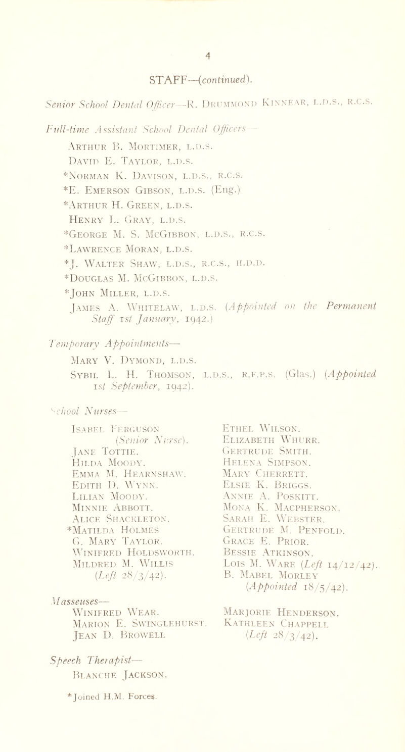 STAFF—(continued). Senior School Den/iil Officer —R. Drummond Kinnf \R, i..r’.s.. R.< -f. l'vll-timc Assistant School Dental Officers Arthur B. Mortimer, l.d.s. David E. Taylor, l.d.s. ♦Norman K. Davison, l.d.s., r.c.s. *E. Emerson Gibson, l.d.s. (Eng.) ♦Arthur H. Green, l.d.s. Henry L. Gray, l.d.s. ♦George M. S. McGibbon, l.d.s., r.c.s. ♦Lawrence Moran, l.d.s. *J. Walter Shaw, l.d.s., r.c.s., ii.p.d. ♦Douglas M. McGibbon, l.d.s. ♦John Miller, l.d.s. James A. Whitelaw, l.d.s. (Appointed on the Permanent Staff ist January, 1942.) 7 'emporary A ppointments— Mary V. Dymond, l.d.s. Sybil L. H. Thomson, l.d.s., r.f.p.s. (Glas.) (Appointed 1st September, 1942). hool Nurses Jane Tottie. Hilda Moody. Emma M. ITearnshaw. Edith D. Wynn. Lilian Moody. Minnie Abbott. Alice Shackleton. ♦Matilda Holmes G. Mary Taylor. Winifred Holdsvvorth. Mildred M. Willis Isabel Ferguson (Senior Nurse). {.Left 28/3/42). Ethel Wilson. Elizabeth Whurr. Gertrude Smith. Helena Simpson. Mary Cherrett. Elsie K. Briggs. Annie A. Poskitt. Mona K. Macpherson. Sarah E. Webster. Gertrude M. Penfold. Grace E. Prior. Bessie Atkinson. Lois M. Ware (Left 14/12/42). B. Mabel Morley (Appointed 18/5/42). \l asseuses— Winifred Wear. Marion E. Swinglehurst. Jean D. Broweli. Marjorie Henderson. Kathleen Chappell (Left 28/3/42). Speech Therapist— Blanc he Jackson. ♦Joined H.M. Forces.