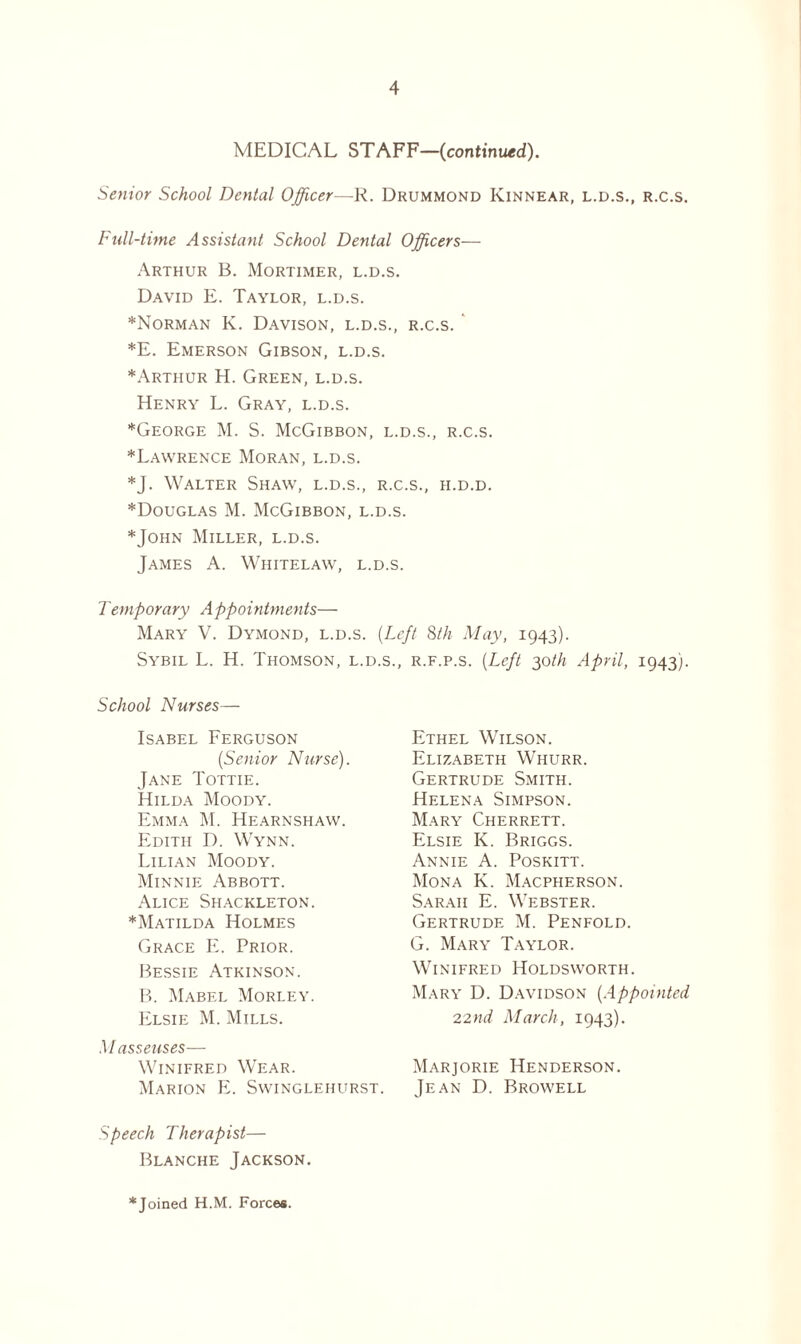 MEDICAL STAFF—(continued). Senior School Dental Officer—R. Drummond Kinnear, l.d.s., r.c.s. Fall-time Assistant School Dental Officers— Arthur B. Mortimer, l.d.s. David E. Taylor, l.d.s. *Norman K. Davison, l.d.s., r.c.s. *E. Emerson Gibson, l.d.s. *Arthur H. Green, l.d.s. Henry L. Gray, l.d.s. *George M. S. McGibbon, l.d.s., r.c.s. *Lawrence Moran, l.d.s. *J. Walter Shaw, l.d.s., r.c.s., h.d.d. *Douglas M. McGibbon, l.d.s. *John Miller, l.d.s. James A. Whitelaw, l.d.s. Temporary Appointments— Mary V. Dymond, l.d.s. (Left 8th May, 1943). Sybil L. H. Thomson, l.d.s., r.f.p.s. (Left 30th April, 1943). School Nurses— Isabel Ferguson {Senior Nurse). Jane Tottie. Hilda Moody. Emma M. Hearnshaw. P3ditii D. Wynn. Lilian Moody. Minnie Abbott. Alice Shackleton. *Matilda Holmes Grace E. Prior. Bessie Atkinson. B. Mabel Morley. Elsie M. Mills. Masseuses—- Winifred Wear. Marion E. Swinglehurst. Ethel Wilson. Elizabeth Whurr. Gertrude Smith. Helena Simpson. Mary Cherrett. Elsie K. Briggs. Annie A. Poskitt. Mona K. Macpherson. Sarah E. Webster. Gertrude M. Penfold. G. Mary Taylor. Winifred Holdsworth. Mary D. Davidson (Appointed 22nd March, 1943). Marjorie Henderson. Jean D. Browell Speech Therapist— Blanche Jackson. *Joined H.M. Forces.