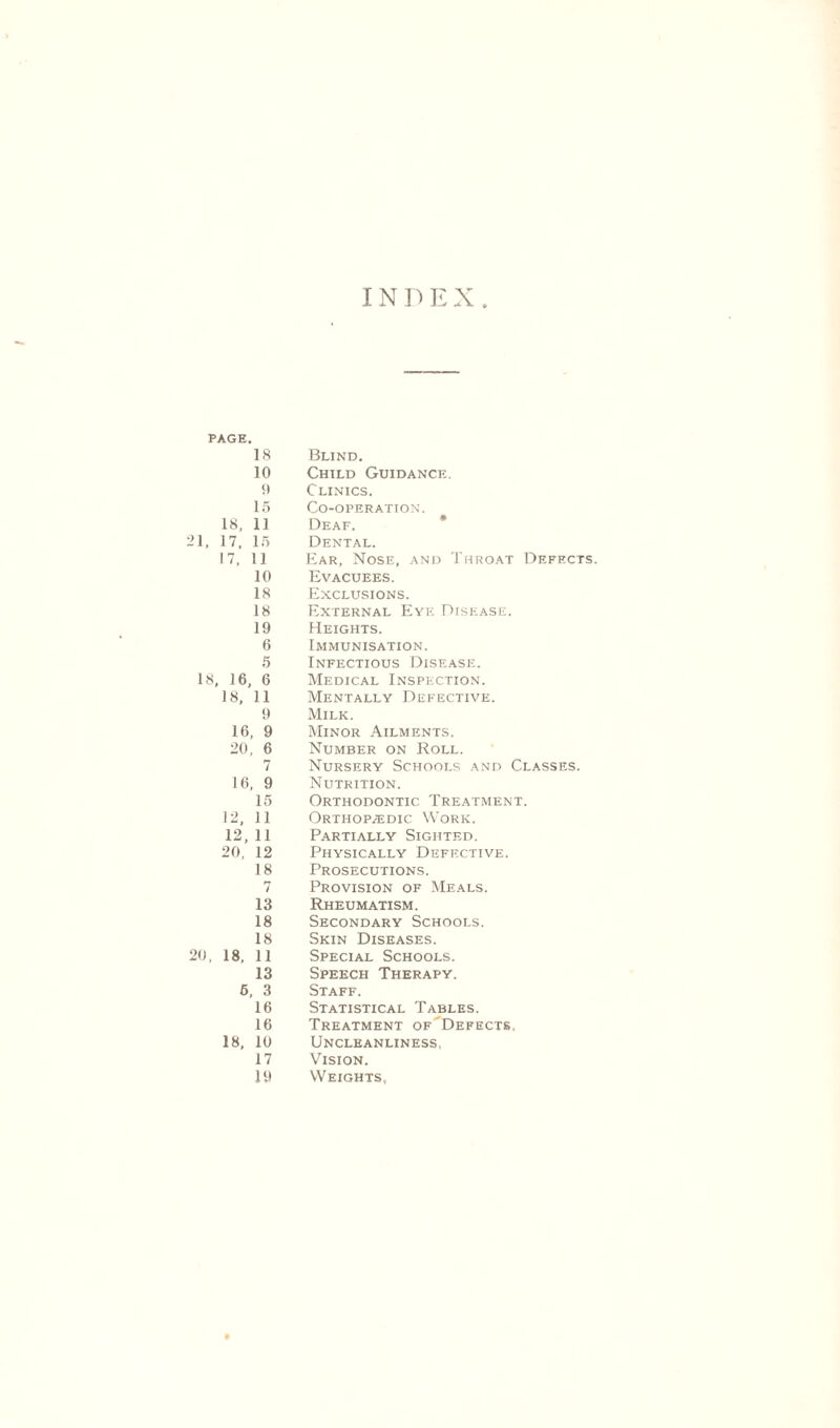 IN D E X PAGE. 18 Blind. 10 Child Guidance. 9 Clinics. 15 Co-operation. 18, 11 Deaf. 21, 17, 15 Dental. 17, 11 Ear, Nose, and Throat Defects 10 Evacuees. 18 Exclusions. 18 External Eye Disease. 19 Heights. 6 Immunisation. 5 Infectious Disease. 18, 16, 6 Medical Inspection. 18, 11 Mentally Defective. 9 Milk. 16, 9 Minor Ailments. 20, 6 Number on Roll. 7 Nursery Schools and Classes. 16, 9 Nutrition. 15 Orthodontic Treatment. 12, 11 Orthopaedic Work. 12, 11 Partially Sighted. 20, 12 Physically Defective. 18 Prosecutions. 7 Provision of Meals. 13 Rheumatism. 18 Secondary Schools. 18 Skin Diseases. 20, 18. 11 Special Schools. 13 Speech Therapy. 6, 3 Staff. 16 Statistical Tables. 16 Treatment of'Defects. 18, 10 Uncleanliness, 17 Vision. 19 Weights,