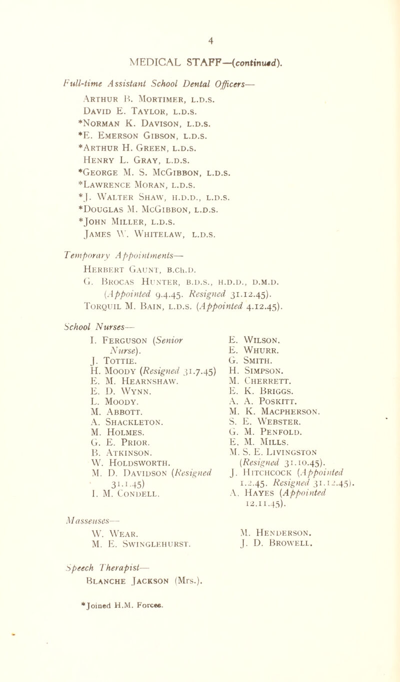 MEDICAL STAFF— (continued). Full-time Assistant School Dental Officers— Arthur B. Mortimer, l.d.s. David E. Taylor, l.d.s. ♦Norman K. Davison, l.d.s. *E. Emerson Gibson, l.d.s. ♦Arthur H. Green, l.d.s. Henry L. Gray, l.d.s. ♦George M. S. McGibbon, l.d.s. ♦Lawrence Moran, l.d.s. ♦]. Walter Shaw, h.d.d., l.d.s. ♦Douglas M. McGibbon, l.d.s. ♦John Miller, l.d.s. James W. Whitelaw, l.d.s. Temporary A ppointments— Herbert Gaunt, b.cii.d. G. Brocas Hunter, b.d.s., h.d.d., d.m.d. (.Appointed 9.4.45. Resigned 31.12.45). Torquil M. Bain, l.d.s. (Appointed 4.12.45). School Nurses— I. Ferguson (Senior Nurse). J. Tottie. H. Moody (Resigned 31.7.45) E. M. Hearnshaw. E. D. Wynn. L. Moody. M. Abbott. A. Shackleton. M. Holmes. G. E. Prior. B. Atkinson. W. Holdsworth. M. D. Davidson (Resigned 3i-i-45) I. M. Condell. M asseuses— W. Wear. M. E. SWINGLEHURST. E. Wilson. E. Whurr. G. Smith. H. Simpson. M. Cherrett. E. K. Briggs. A. A. Poskitt. M. K. Macpherson. S. E. Webster. G. M. Penfold. E. M. Mills. M. S. E. Livingston (Resigned 31.10.45). J. Hitchcock (Appointed 1.2.45. Resigned 31.12.45). A. Hayes (Appointed 12.11.45). M. Henderson. J. I). Browell. Speech Therapist— Blanche Jackson (Mrs.). ♦joined H.M. Forces.