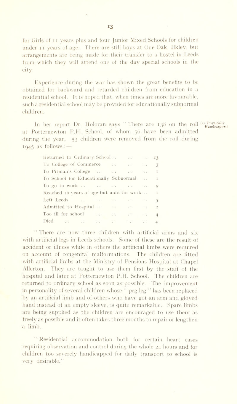 for Ciiris of 11 rears plus and four Junior Mixed Schools for children under 11 years of age. There are still boys at One Oak. Ilkley, but arrangements are being made for then transfei to a hostel in Leeds from which they will attend one ot the day special schools in the city. Experience during the war has shown the great benefits to be obtained for backward and retarded children from education in a residential school. It is hoped that, when times are more favourable, such a residential school may be provided for educationally subnormal children. In her report l)r. Holoran says  1 here are ij)S on the roll at Potternewton P.lf. School, of whom 5b have been admitted during the year. 53 children were removed from the roll during 1945 as follows :— Returned to Ordinary School .. . . . . 23 To College of Commerce . . . . . . 3 To Pitman’s College . . . . . . . . 1 To School for Educationally Subnormal . . 1 To go to work . . . . . . . . . . 0 Reached 10 years of age but unlit for work . . 1 Left Leeds . . . . . . . . . . 5 Admitted to Hospital . . . . . . . . 2 Too ill for school . . . . . . . . 4 Died . . . . . . . . . . . . 4 There are now three children with artificial arms and six with artificial legs in Leeds schools. Some of these are the result of accident or illness while in others the artificial limbs were required on account of congenital malformations. The children are fitted with artificial limbs at the Ministry of Pensions Hospital at Chapel Allerton. They are taught to use them first bv the staff of the hospital and later at Potternewton P.H. School. The children are returned to ordinary school as soon as possible. The improvement in personality of several children whose “ peg leg ” has been replaced by an artificial limb and of others who have got an arm and gloved hand instead of an empty sleeve, is quite remarkable. Spare limbs are being supplied as the children are encouraged to use them as freely as possible and it often takes three months to repair or lengthen a limb. Residential accommodation both for certain heart cases requiring observation and control during the whole 24 hours and for children too severely handicapped for daily transport to school is very desirable.” 2) Physically Handicapped