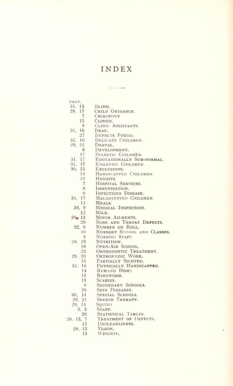 INDEX PAGE. 31, 15 29, 17 7 13 8 31, 16 27 Blind. Child Guidance. Chiropody Clinics. Clinic Assistants. Deaf. Defects Found. 31, 16 29 22 6 17 31, 17 31, 17 3ft, 13 14 13 Delicate Children. Dental. Development. Diabetic Children. Educationally Sub-normal. Epileptic Children. Exclusions. Handicapped Children. Heights. 7 8 8 31, 17 11 26, 9 12 28* 13 29 22, 9 10 8 28, 13 16 23 29, 20 15 31, 18 14 13 13 8 28 30, 14 29, 21 29, 14 5, 3 26 9, 13, 7 13 29, 13 13 Hospital Services. Immunisation. Infectious Disease. Maladjusted Children. Meals. Medical Inspection. Milk. Minor Ailments. Nose and Throat Defects. Number on Roll. Nursery School and Classes. Nursing Staff. Nutrition. Open-Air School. Orthodontic Treatment. Orthopaedic Work. Partially Sighted. Physically Handicapped. Remand Home Ringworm. Scabies. Secondary Schools. Skin Diseases. Special Schools. Speech Therapy. Squint. Staff. Statistical Tables. Treatment of Defects. Uncleanliness. Vision. Weights,