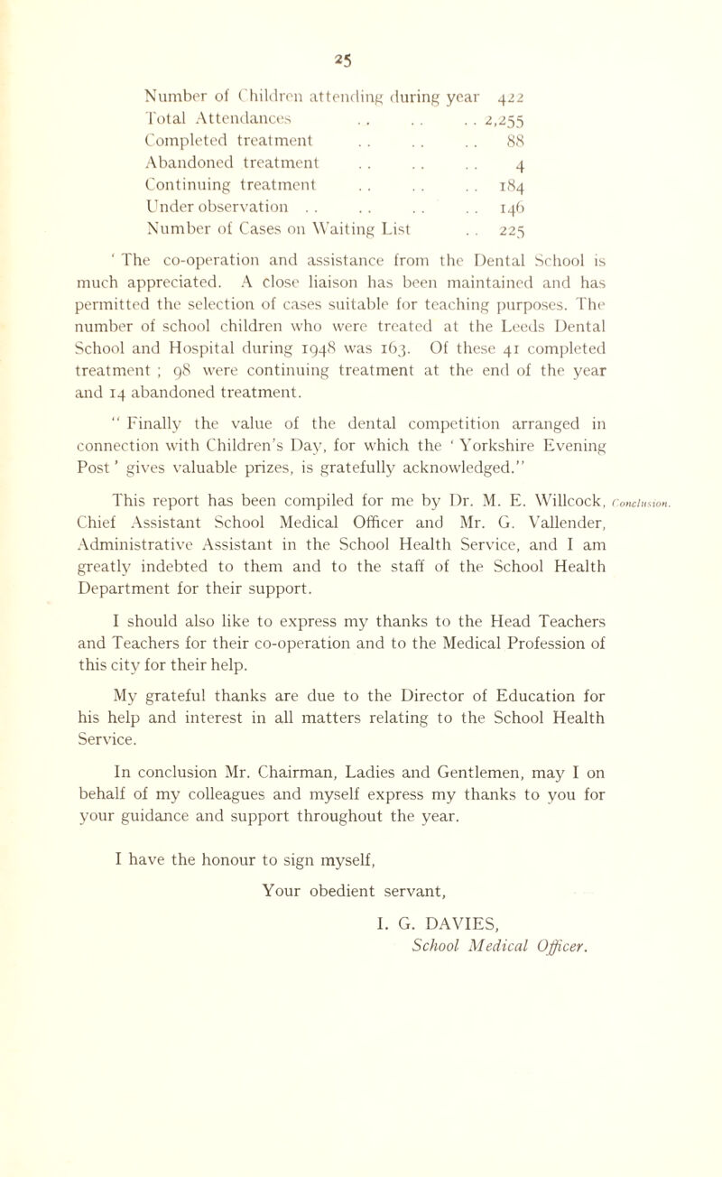 Number of Children attending during year 422 Total Attendances .. .. .. 2,255 Completed treatment . . . . .. 88 Abandoned treatment .. . . 4 Continuing treatment .. .. . . 184 Under observation .. .. .. 146 Number of Cases on Waiting List . . 225 ' The co-operation and assistance from the Dental School is much appreciated. A close liaison has been maintained and has permitted the selection of cases suitable for teaching purposes. The number of school children who were treated at the Leeds Dental School and Hospital during 1948 was 163. Of these 4r completed treatment ; 98 were continuing treatment at the end of the year and 14 abandoned treatment. “ Finally the value of the dental competition arranged in connection with Children’s Day, for which the ‘ Yorkshire Evening Post ’ gives valuable prizes, is gratefully acknowledged.” This report has been compiled for me by Dr. M. E. Willcock, Chief Assistant School Medical Officer and Mr. G. Vallender, Administrative Assistant in the School Health Service, and I am greatly indebted to them and to the staff of the School Health Department for their support. I should also like to express my thanks to the Head Teachers and Teachers for their co-operation and to the Medical Profession of this city for their help. My grateful thanks are due to the Director of Education for his help and interest in all matters relating to the School Health Service. In conclusion Mr. Chairman, Ladies and Gentlemen, may I on behalf of my colleagues and myself express my thanks to you for your guidance and support throughout the year. I have the honour to sign myself, Your obedient servant, I. G. DAVIES, School Medical Officer. Conclusion.