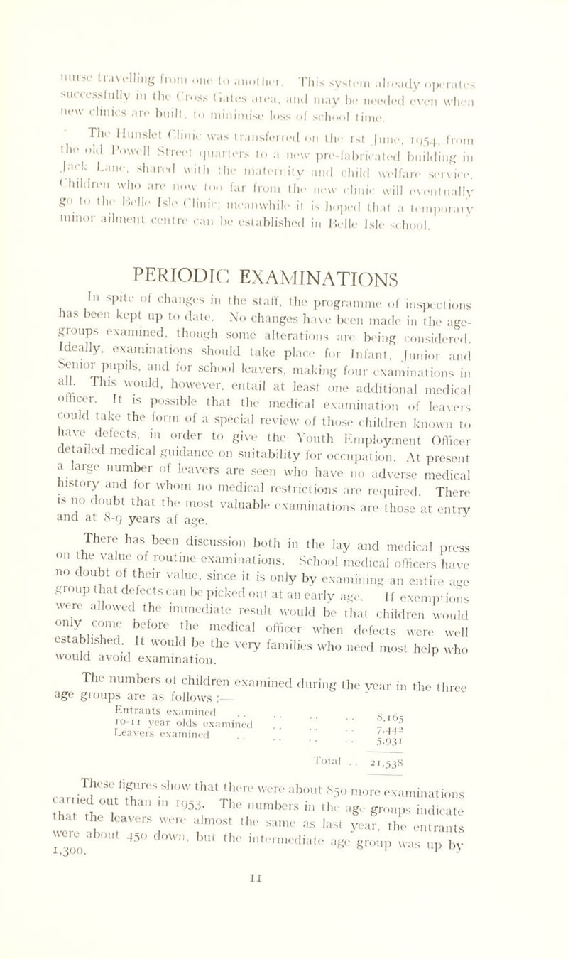 muse travelling from one to another, successfully in the Cross Gates area, I his system already operates and may be needed even when new clinics are built, to minimise loss of school time. The Hunslet Clinic was transferred on the rsl June, 1954, from the old Towel 1 Street quarters to a new pro-fabricated building in Jack Lane, shared with the maternity and child welfare service. < hildren who are now too far from the new clinic will eventually g° to thl' Bo,l° Is,c ('linie; meanwhile it is hoped that a temporary mmor ailment centre can be established in Helle Isle school PERIODIC EXAMINATIONS In spite of changes in the staff, the programme of inspections las been kept up to date. No changes have been made in the age- groups examined, though some alterations are being considered Ideally, examinations should take place for Infant. Junior and -m°;PUpils> and for sch°o1 leavers, making four examinations in This would, however, entail at least one additional medical °lhcer' ft 1S possible that the medical examination of leavers could take the form of a special review of those children known to nave defects, m order to give the Youth Employment Officer detailed medical guidance on suitability for occupation. At present a large number of leavers are seen who have no adverse medical history and for whom no medical restrictions are required There is no doubt that the most valuable examinations are those at entry and at 8-9 years af age. ere has been discussion both in the lay and medical press (m \he value of routine examinations. School medical officers have no doubt of their value, since it is only by examining an entire age group that defects can be picked out at an early age. If exempt ions were allowed the immediate result would be that children would before the medical officer when defects were well established. It would be the very families who need most help who would avoid examination. Th(' numbers of children examined during the year in the three age groups are as follows Entrants examined io-ii year olds examined Leavers examined S,r65 7.44-1 5.93' Total 21,538 ■,rri V'S'reS ' lhere were about *5» more examinations thl I953; ThU ,mmb0,s >'■ og- groups indicate that the leavers were almost the same as last year, the entrants we,e about 450 down, but the intern,ediate age group was up by