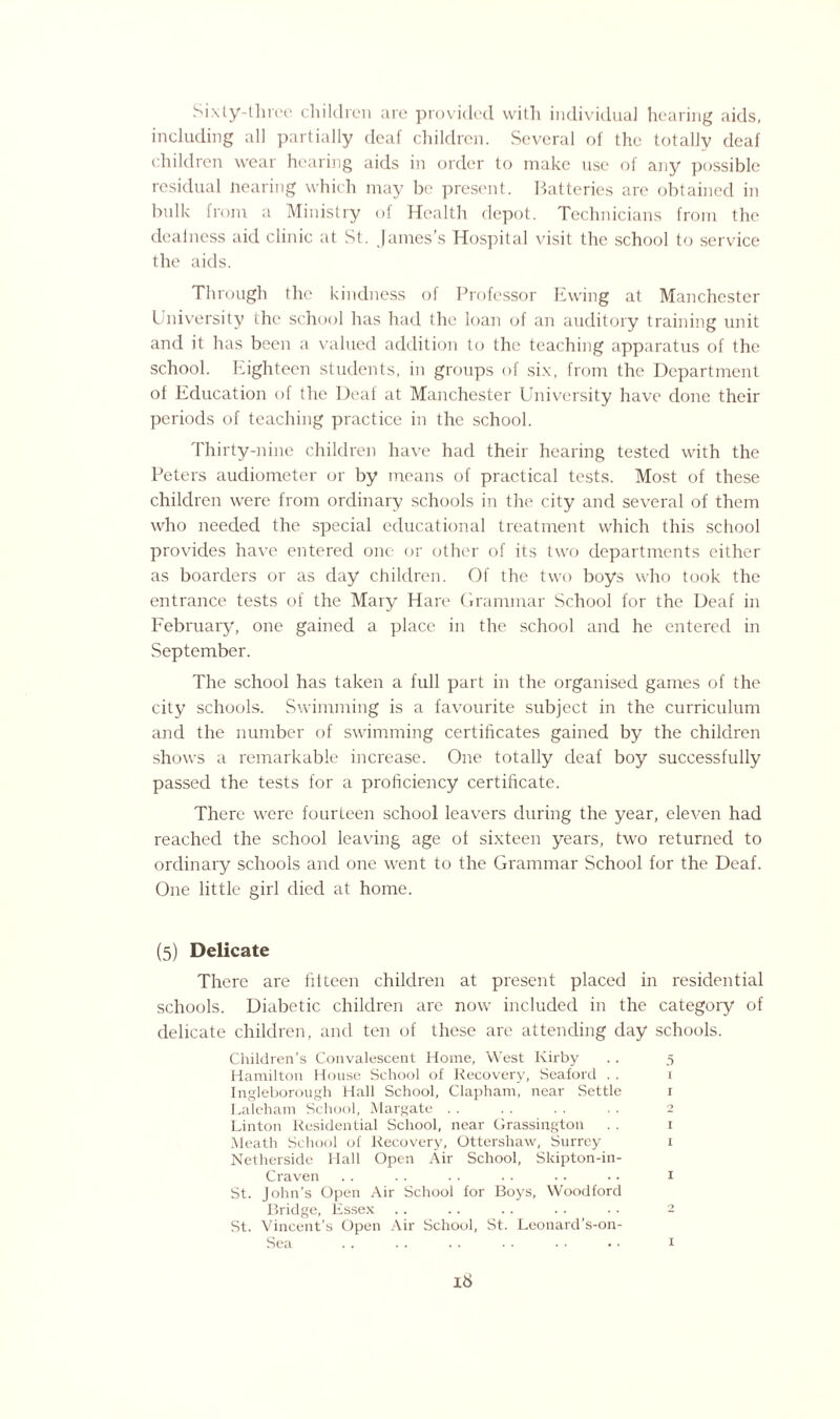Sixty-three children are provided with individual hearing aids, including all partially deaf children. Several of the totally deaf children wear hearing aids in order to make use of any possible residual nearing which may be present. Batteries are obtained in bulk from a Ministry of Health depot. Technicians from the dealness aid clinic at St. James’s Hospital visit the school to service the aids. Through the kindness of Professor Ewing at Manchester University the school has had the loan of an auditory training unit and it has been a valued addition to the teaching apparatus of the school. Eighteen students, in groups of six, from the Department of Education of the Deaf at Manchester University have done their periods of teaching practice in the school. Thirty-nine children have had their hearing tested with the Peters audiometer or by means of practical tests. Most of these children were from ordinary schools in the city and several of them who needed the special educational treatment which this school provides have entered one or other of its two departments either as boarders or as day children. Of the two boys who took the entrance tests of the Mary Hare Grammar School for the Deaf in February, one gained a place in the school and he entered in September. The school has taken a full part in the organised games of the city schools. Swimming is a favourite subject in the curriculum and the number of swimming certificates gained by the children shows a remarkable increase. One totally deaf boy successfully passed the tests for a proficiency certificate. There were fourteen school leavers during the year, eleven had reached the school leaving age ol sixteen years, two returned to ordinary schools and one went to the Grammar School for the Deaf. One little girl died at home. (5) Delicate There are ill teen children at present placed in residential schools. Diabetic children are now included in the category of delicate children, and ten of these are attending day schools. Children’s Convalescent Home, West Kirby . . 5 Hamilton House School of Recovery, Seaford . . 1 Ingleborough Hall School, Clapham, near Settle 1 Laleham School, Margate . . . . . . . . 2 Linton Residential School, near Grassington . . 1 Meath School of Recovery, Ottershaw, Surrey 1 Netherside Hall Open Air School, Skipton-in- Craven .. .. .. .. .. • • 1 St. John’s Open Air School for Boys, Woodford Bridge, Essex .. .. . . . . .. 2 St. Vincent’s Open Air School, St. Leonard’s-on- Sea . It> 1