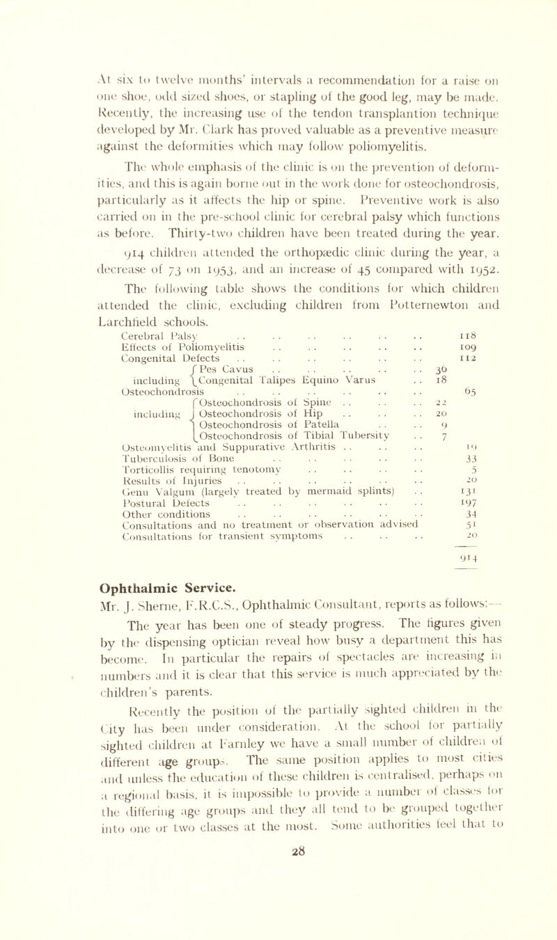 At six to twelve months’ intervals a recommendation for a raise on one shoe, odd sized shoes, or stapling of the good leg, may be made. Recently, the increasing use of the tendon transplantion technique developed by Mr. Clark has proved valuable as a preventive measure against the deformities which may follow poliomyelitis. The whole emphasis of the clinic is on the prevention of deform¬ ities, and this is again borne out in the work done for osteochondrosis, particularly as it affects the hip or spine. Preventive work is also carried on in the pre-school clinic for cerebral palsy which functions as before. Thirty-two children have been treated during the year. 914 children attended the orthopaedic clinic during the year, a decrease of 73 on 1953, and an increase of 45 compared with 1952. The following table shows the conditions for which children attended the clinic, excluding children from Potternewton and Larchtield schools. Congenital including Cerebral Palsy Effects of Poliomyelitis Defects fPes Cavus including Congenital Talipes Equino Varus Osteochondrosis Osteochondrosis of Spine Osteochondrosis of Hip Osteochondrosis of Patella Osteochondrosis of Tibial Tubersity Osteomyelitis 'and Suppurative Arthritis Tuberculosis of Bone Torticollis requiring tenotomy Results of Injuries Genu Valgum (largely treated by mermaid splints) Postural Defects Other conditions Consultations and no treatment or observation advised Consultations for transient symptoms 118 109 112 3b 18 65 22 20 9 7 19 33 5 20 131 197 34 51 20 9M Ophthalmic Service. Mr. J. Sherne, F.R.C.S., Ophthalmic Consultant, reports as follows: The year has been one of steady progress. The figures given by the dispensing optician reveal how busy a department this has become. In particular the repairs of spectacles are increasing in numbers and it is clear that this service is much appreciated by the children’s parents. Recently the position of the partially sighted children 111 the City has been under consideration. At the school for partially sighted children at Tarnley we have a small number of children of different age groups. The same position applies to most cities and unless the education of these children is centralised, perhaps on a regional basis, it is impossible to provide a numbei of classes tor the differing age groups and they all tend to be grouped together into one or two classes at the most. Some authorities feel that to