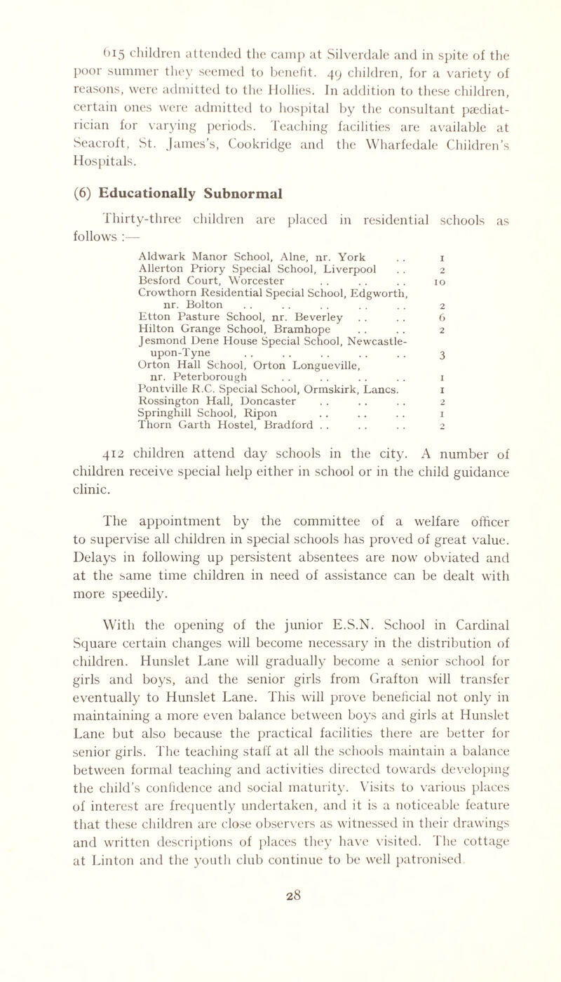 (>i5 children attended the camp at Silverdale and in spite of the poor summer they seemed to benefit. 49 children, for a variety of reasons, were admitted to the Hollies. In addition to these children, certain ones were admitted to hospital by the consultant paediat¬ rician for varying periods. Teaching facilities are available at Seacroft, St. James’s, Cookridge and the Wharfedale Children’s Hospitals. (6) Educationally Subnormal Ihirty-three children are placed in residential schools as follows :— Aldwark Manor School, Alne, nr. York .. 1 Allerton Priory Special School, Liverpool . . 2 Besford Court, Worcester . . .. . . 10 Crowthorn Residential Special School, Edgworth, nr. Bolton . . . . . . . . . . 2 Etton Pasture School, nr. Beverley . . .. 6 Hilton Grange School, Bramhope .. .. 2 Jesmond Dene House Special School, Newcastle- upon-Tyne . . . . . . . . . . 3 Orton Hall School, Orton Longueville, nr. Peterborough . . . . .. . . 1 Pontville R.C. Special School, Ormskirk, Lancs. 1 Rossington Hall, Doncaster . . .. . . 2 Springhill School, Ripon .. .. . . 1 Thorn Garth Hostel, Bradford . . . . . . 2 412 children attend day schools in the city. A number of children receive special help either in school or in the child guidance clinic. The appointment by the committee of a welfare officer to supervise all children in special schools has proved of great value. Delays in following up persistent absentees are now obviated and at the same time children in need of assistance can be dealt with more speedily. With the opening of the junior E.S.N. School in Cardinal Square certain changes will become necessary in the distribution of children. Hunslet Lane will gradually become a senior school for girls and boys, and the senior girls from Grafton will transfer eventually to Hunslet Lane. This will prove beneficial not only in maintaining a more even balance between boys and girls at Hunslet Lane but also because the practical facilities there are better for senior girls. The teaching staff at all the schools maintain a balance between formal teaching and activities directed towards developing the child’s confidence and social maturity. Visits to various places of interest are frequently undertaken, and it is a noticeable feature that these children are close observers as witnessed in their drawings and written descriptions of places they have visited. The cottage at Linton and the youth club continue to be well patronised.