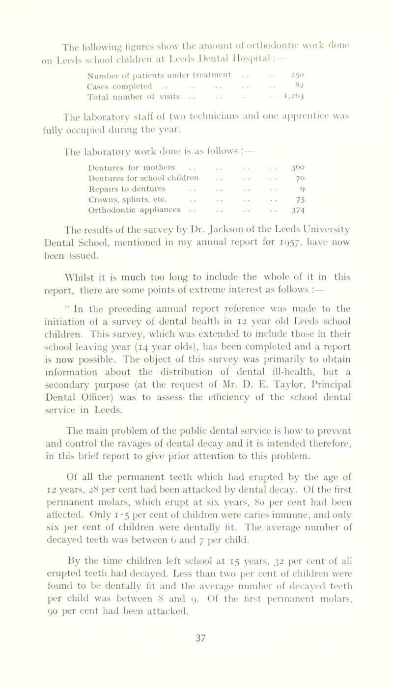 The following figures show the amount of orthodontic work done ou Leeds school children at Leeds Dental Hospital . Number of patients under treatment . . . . 250 Cases completed . . . . ■ • • • • • °2 Total number of visits . . . . ■ ■ • • 1,263 The laboratory staff of two technicians and one apprentice was fully occupied during the year. T he laboratory work done is as follows : Dentures for mothers .. .. ■ ■ ■ ■ 360 Dentures for school children . . . . . . 70 Repairs to dentures . . . . . . • • 9 Crowns, splints, etc. . . . . . . . . 75 Orthodontic appliances . . . . .. . . 374 The results of the survey by Dr. Jackson of the Leeds University Dental School, mentioned in my annual report for 1957, have now been issued. Whilst it is much too long to include the whole of it in this report, there are some points of extreme interest as follows “ In the preceding annual report reference was made to the initiation of a survey of dental health in 12 year old Leeds school children. This survey, which was extended to include those in their school leaving year (14 year olds), has been completed and a report is now possible. The object of this survey was primarily to obtain information about the distribution of dental ill-health, but a secondary purpose (at the request of Mr. D. E. Taylor, Principal Dental Officer) was to assess the efficiency of the school dental service in Leeds. The main problem of the public dental service is how to prevent and control the ravages of dental decay and it is intended therefore, in this brief report to give prior attention to this problem. Of all the permanent teeth which had erupted by the age of 12 years, 28 per cent had been attacked by dental decay. Of the first permanent molars, which erupt at six years, 80 per cent had been affected. Only 1 -5 per cent of children were caries immune, and only six per cent of children were dentally fit. The average number of decayed teeth was between 0 and 7 per child. By the time children left school at 15 years, 32 per cent of all erupted teeth had decayed. Less than two per cent of children were found to be dentally fit and the average number of decayed teeth per child was between 8 and 9. Of the first permanent molars, 90 per cent had been attacked.