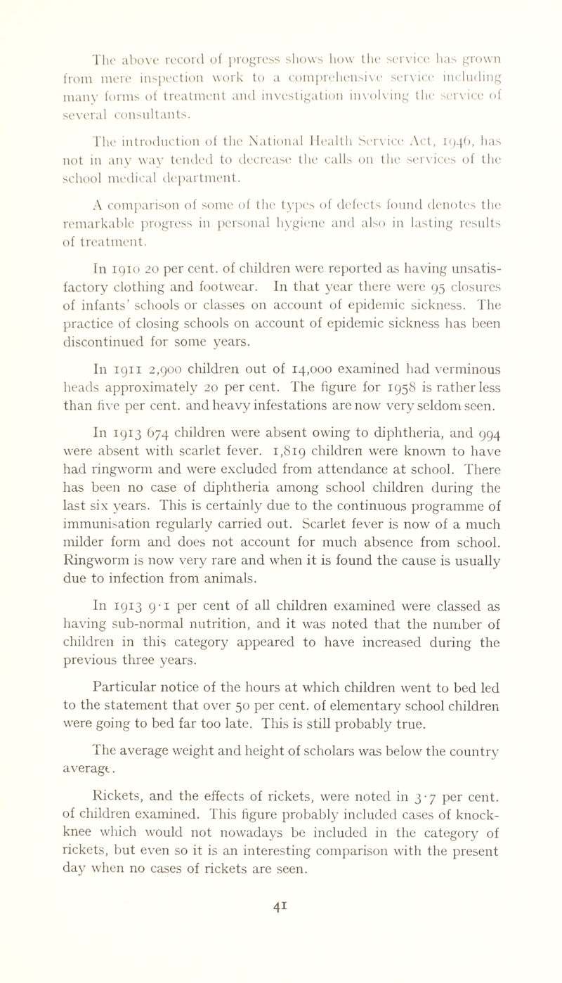 The above record of progress shows how the service has grown from mere inspection work to a comprehensive service including many forms of treatment and investigation involving the service of several consultants. The introduction of the National Health Service Act, 1946, has not in any way tended to decrease the calls on the services of the school medical department. A comparison of some of the types of defects found denotes the remarkable progress in personal hygiene and also in lasting results of treatment. In iqio 20 per cent, of children were reported as having unsatis¬ factory clothing and footwear. In that year there were 95 closures of infants’ schools or classes on account of epidemic sickness. The practice of closing schools on account of epidemic sickness has been discontinued for some years. I11 1911 2,900 children out of 14,000 examined had verminous heads approximately 20 percent. The figure for 1958 is rather less than five per cent, and heavy infestations are now very seldom seen. In 1913 674 children were absent owing to diphtheria, and 994 were absent with scarlet fever. 1,819 children were known to have had ringworm and were excluded from attendance at school. There has been no case of diphtheria among school children during the last six years. This is certainly due to the continuous programme of immunisation regularly carried out. Scarlet fever is now of a much milder form and does not account for much absence from school. Ringworm is now very rare and when it is found the cause is usually due to infection from animals. In 1913 9-1 per cent of all children examined were classed as having sub-normal nutrition, and it was noted that the number of children in this category appeared to have increased during the previous three years. Particular notice of the hours at which children went to bed led to the statement that over 50 per cent, of elementary school children were going to bed far too late. This is still probably true. The average weight and height of scholars was below the country average. Rickets, and the effects of rickets, were noted in 3-7 per cent, of children examined. This figure probably included cases of knock- knee which would not nowadays be included in the category of rickets, but even so it is an interesting comparison with the present day when no cases of rickets are seen. 4i