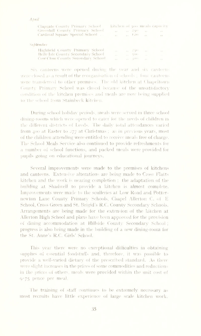 Greenhill (Ountv I’rimarx School ,, ,, 230 ,, ,, Cardinal Square Special School ,, r jo ,, ,, ^efitewbei tiighlield County Primary School Belle Isle Countv Secondary School Cow (“lost■ Count \ Secondarx School si\ canteens were opened during the year and six canteen- were closed as .1 result ol the reoi ganGal ion ol -.eliooN ; l.> 11, canteen^ xx'-re iranslei red to other premises. I he old kitchen at ( hapeitown County Primary School was closed because ol the unsatisfactory condition o! the kitchen premises and meals are now being supplied to the school from Stainbeek kitchen. During school holiday periods, meals were served in three school dining-rooms which were opened to eater loi the needs of children in the different districts of Leeds. The daily total attendances varied from 400 at Easter to J77 at Christmas , as in previous years, most of the children attending were entitled to receive meals free of charge. The School Meals Service also continued to provide refreshments for a numbei of school functions, and packed meals were provided for pupils going on educational journeys. Several improvements were made to the premises of kitchens and canteens. Extensive alterations are being made to Cross Platts kitchen and the work is nearing completion ; the adaptation of the building at Shadwell to provide a kitchen is almost complete. Improvements were made to the sculleries at Low Road and Potter- newton Lane County Primary Schools, Chapel Allerton C. of L School, Cross Green and St. Brigid’s R.( . County Secondary Schools. Arrangements are being made for the extension of the kitchen at Allerton High School and plans have been approved for the provision of dining accommodation at Hillside County Secondary School : progress is also being made in the building of a new dining-room for the St. Anne’s R.C. Girls’ School. This year there were no exceptional difficulties in obtaining supplies of essential foodstuffs and, therefore, it was possible to provide a well-varied dietary of the prescribed standard. As there were slight increases in the prices of some commodities and reductions in the prices of others, meals were provided within the unit cost of eg 75 pence per meal. The training of staff continues to be extremely necessary as most recruits have little experience of large scale' kitchen work.