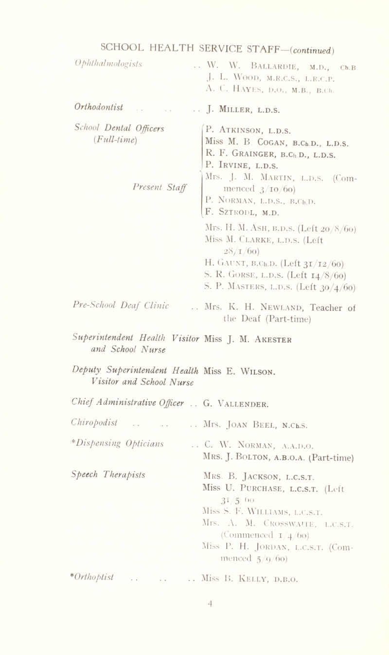 Ophthalmologists W. w. BaLLARDIE, M.D., Ch.B J. L. Wood, m.r.c.s., l.r.c.p. A. ( . HAYES, D.O., M.B., 13.( li. Orthodontist J. Miller, l.d.s. School Dental Officers (.Full-time) P. Atkinson, l.d.s. Miss M. B COGAN, B.Ch D., L.D.S. R. F. Grainger, b.ci, d., l.d.s. P. Irvine, l.d.s. Present Staff Mrs. J. M. Martin, l.d.s. (Com¬ menced 3/10/60) P. Norman, l.d.s., B.Ch.D. F. SZTRODL, M.D. .Airs. II. M. Ash, b.d.s. (Left 20/S/60) Miss M. Clarke, l.d.s. (Left 28/1/60) H. Gaunt, B.Ch.D. (Left 31/12/60) S. R. Gorsi-:, l.d.s. (Left 14/8/60) S. P. Masters, l.d.s. (Left 30/4/60) Pre-School Deaf Clinic Mrs. K. H. Newland, Teacher of the Deaf (Part-time) Superintendent Health Visitor Miss J. M. Akester and School Nurse Deputy Superintendent Health Miss E. Wilson. Visitor and School Nurse Chief Administrative Officer . . G. Vallender. Chiropodist . Airs. Joan Beel, N.Ch.s. *Dispensing Opticians . C. W. Norman, a.a.d.o. Mrs. J. Bolton, a.b.o.a. (Part-time) Speech Therapists Mrs. B. Jackson, l.c.s.t. Miss U. Purchase, l.c.s.t. (Left 31 5 60 Miss S. F. Williams, l.c.s. i . Mrs. A. M. Crosswah 1;, l.c.s.t. (Commenced 1 4 60) -Miss P. H. Jordan, l.c.s.t. (Com¬ menced 5 9/ 60) *Orthoptist . Miss B. Kelly, d.b.o.