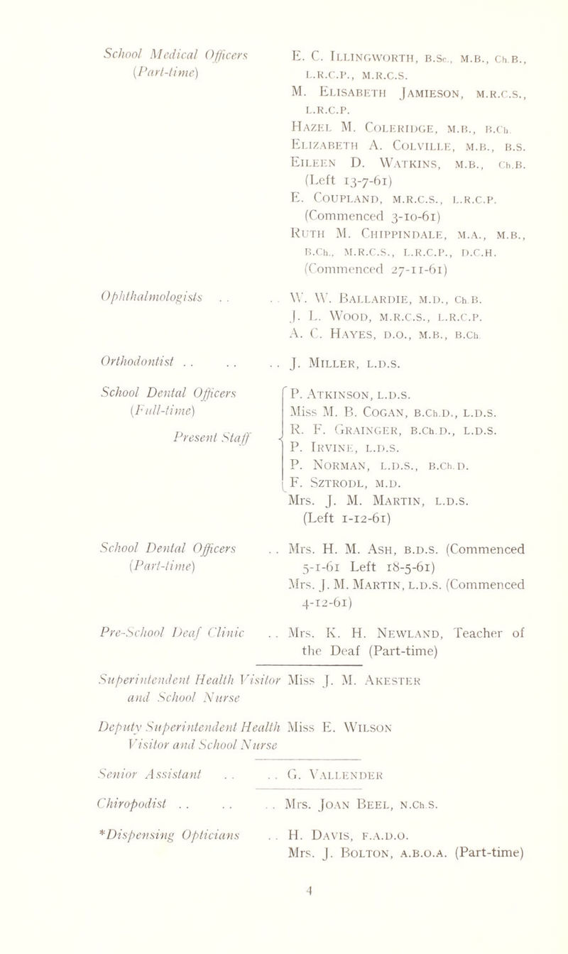 School Medical Officers {Part-time) 0phthalmolog isis Orthodontist School Dental Officers {.Full-time) Present Staff School Dental Officers (Part-time) Pre-School Deaf Clinic E. C. Illingworth, b.Sc., m.b., ceb., L.R.C.P., M.R.C.S. M. Elisabeth Jamieson, m.r.c.s., L.R.C.P. Hazel M. Coleridge, m.b., b.cu Elizabeth A. Colville, m.b., b.s. Eileen D. Watkins, m.b., Ch.B. (Left 13-7-61) E. Coupland, m.r.c.s., l.r.c.p. (Commenced 3-10-61) Ruth M. Chippindale, m.a., m.b., B.Ch., M.R.C.S., L.R.C.P., D.C.H. (Commenced 27-11-61) V.'. W. BALLARDIE, M.D., Ch.B. J. L. Wood, m.r.c.s., l.r.c.p. A. C. Hayes, d.o., m.b., b.cr J. Miller, l.ixs. P. Atkinson, l.d.s. Miss M. B. C.OGAN, B.Ch.D., l.d.s. R. F. Grainger, B.Ch.D., l.d.s. P. Irvine, l.d.s. P. Norman, l.d.s., B.Ch.D. F. Sztrodl, m.d. Mrs. J. M. Martin, l.d.s. (Left 1-12-61) Mrs. H. M. Ash, b.d.s. (Commenced 5-1-61 Left 16-5-61) Mrs. J. M. Martin, l.d.s. (Commenced 4-12-61) Mrs. K. H. Newland, Teacher of the Deaf (Part-time) Superintendent Health Visitor Miss J. M. Akester and School Nurse Deputy Superintendent Health Miss E. Wilson Visitor and School Nurse G. VALLENDER Mrs. Joan Beel, n.cks. H. Davis, f.a.d.o. Mrs. J. Bolton, a.b.o.a. (Part-time) Senior Assistant Chiropodist . . * I)isp en sing 0pticians