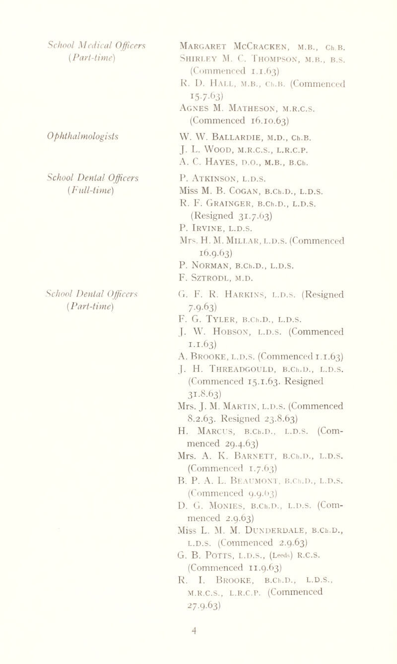 School Medical Officers (Part-time) Op lit ha l mo log ists School Dental Officers (Full-time) School Dental Officers (Part-time) Margaret McCracken, m.b., ch b. Shirley M. C. Thompson, m.b., b.s. (Commenced 1.1.63) R. L). Hall, m.b., ch.b. (Commenced 15-7-63) Agnes M. Matheson, m.r.c.s. (Commenced 16.10.63) W. W. BALLARDIE, M.D., Ch.B. J. L. Wood, m.r.c.s., l.r.c.p. A. C. Hayes, n.o., m.b., B.ch. P. Atkinson, l.d.s. Miss M. B. COGAN, B.Ch.D., L.D.S. R. F. Grainger, b.cii.d., l.d.s. (Resigned 31.7.63) P. Irvine, l.d.s. Mrs. H. M. Millar, l.d.s. (Commenced 16.9.63) P. Norman, B.Ch.D., l.d.s. F. SzTRODL, M.D. G. F. R. Harkins, l.d.s. (Resigned 7-9-63) F. G. Tyler, B.Ch.D., l.d.s. J. W. Hobson, l.d.s. (Commenced 1.1.63) A. Brooke, l.d.s. (Commenced 1.1.63) J. H. ThREADGOULD, B.Ch.D., L.D.S. (Commenced 15.1.63. Resigned 31.8.63) Mrs. J. M. Martin, l.d.s. (Commenced 8.2.63. Resigned 23.8.63) H. Marcls, B.Ch.D., l.d.s. (Com¬ menced 29.4.63) Mrs. A. K. Barnett, B.Ch.D., l.d.s. (Commenced 1.7.63) B. P. A. L. Beaumont, B.Ch.D., l.d.s. (Commenced 9.9.1 >3) D. G. Monies, b.cii.d., l.d.s. (Com¬ menced 2.9.63) Miss L. M. M. Dunderdale, B.Ch.D., l. d.s. (Commenced 2.9.63) G. B. Potts, l.d.s., (Leeds) r.c.s. (Commenced 11.9.63) R. I. Brooke, B.Ch.D., l.d.s., m. r.c.s., L.R.C.P. (Commenced 27.9.63)