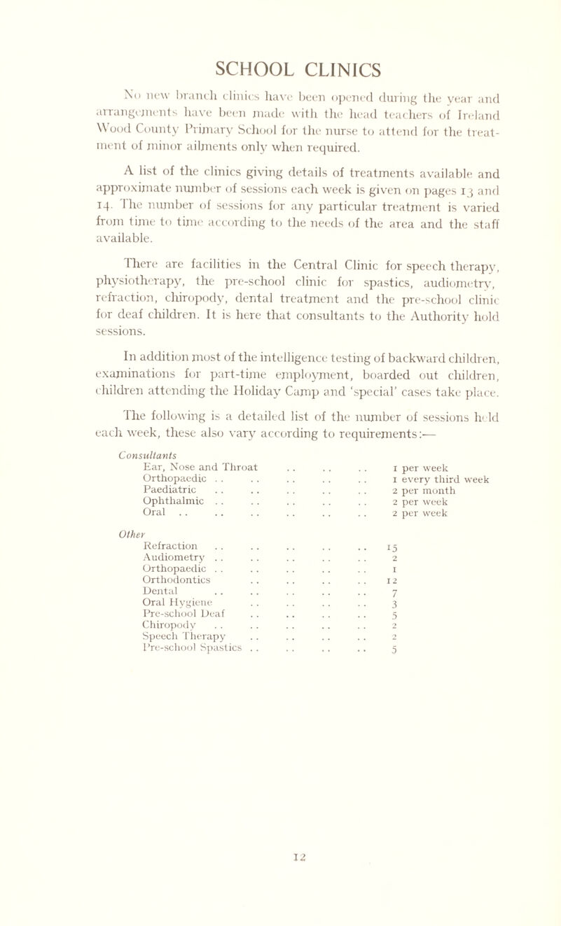 SCHOOL CLINICS Nu new branch clinics have been opened during the year and arrangements have been made with the head teachers of Ireland Wood County Primary School for the nurse to attend for the treat¬ ment of minor ailments only when required. A list of the clinics giving details of treatments available and approximate number of sessions each week is given on pages i} and 14. I he number of sessions for any particular treatment is varied from time to time according to the needs of the area and the staff available. There are facilities in the Central Clinic for speech therapy, physiotherapy, the pre-school clinic for spastics, audiometry, refraction, chiropody, dental treatment and the pre-school clinic for deaf children. It is here that consultants to the Authority hold sessions. In addition most of the intelligence testing of backward children, examinations for part-time employment, boarded out children, children attending the Holiday Camp and ‘special’ cases take place. 'I he following is a detailed list of the number of sessions held each week, these also vary according to requirements:— Consultants Ear, Nose and Throat Orthopaedic Paediatric Ophthalmic Oral 1 per week 1 every third week 2 per month 2 per week 2 per week Other Refraction . . .. . . . . .. 15 Audiometry . . . . .. . . . . 2 Orthopaedic . . .. . . .. . . 1 Orthodontics . . .. . . . . 12 Dental .. .. . . .. .. 7 Oral Hygiene . . . . . . . . 3 Pre-school Deaf Chiropody Speech Therapy Pre-school Spastics