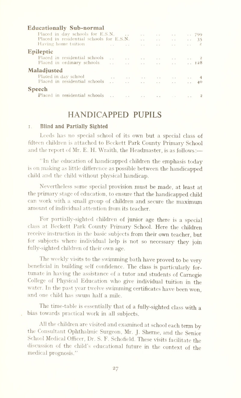 Educationally Sub-normal Placed in day schools for E.S.N. .. .. .. .. .. 799 Placed in residential schools for E.S.N. . . . . .. 35 Having home tuition .. .. .. .. .. .. 2 Epileptic Placed in residential schools . . . . . . . . . . .. 2 Placed in ordinary' schools .. .. .. .. .. ..128 Maladjusted Placed in day school . . . . . . . . . . . . 4 Placed in residential schools . . . . .. .. .. .. 40 Speech Placed in residential schools .. . . .. .. .. 2 HANDICAPPED PUPILS 1 Blind and Partially Sighted Leeds has no special school of its own but a special class of fifteen children is attached to Beckett Park County Primary School and the report of Mr. E. H. Wraith, the Headmaster, is as follows:-— In the education of handicapped children the emphasis today is on making as little difference as possible between the handicapped child and the child without physical handicap. Nevertheless some special provision must be made, at least at the primary stage of education, to ensure that the handicapped child can work with a small group of children and secure the maximum amount of individual attention from its teacher. For partially-sighted children of junior age there is a special class at Beckett Park County Primary School. Here the children receive instruction in the basic subjects from their own teacher, but for subjects where individual help is not so necessary they join fully-sighted children of their own age. The weekly visits to the swimming bath have proved to be very beneficial in building self confidence. The class is particularly for¬ tunate in having the assistance of a tutor and students of Carnegie College of Physical Education who give individual tuition in the water. In the past year twelve swimming certificates have been won, and one child has swum half a mile. The time-table is essentially that of a fully-sighted class with a bias towards practical work in all subjects. All the children are visited and examined at school each term by the Consultant Ophthalmic Surgeon, Mr. J. Sherne, and the Senior School Medical Officer, Dr. S. F. Schofield. These visits facilitate the discussion of the child’s educational future in the context of the medical prognosis.’’