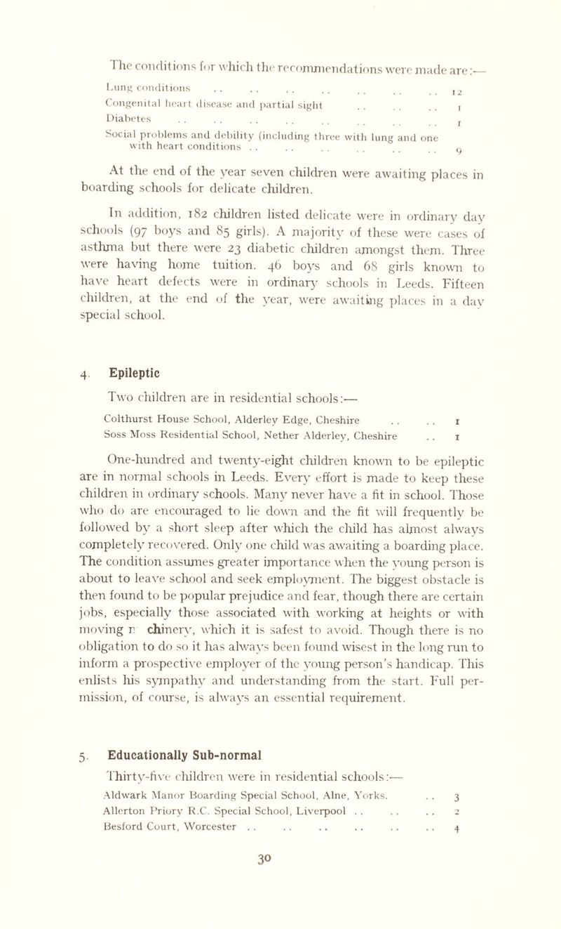 I he conditions for which the recommendations were made are :•— Lung conditions .. .. .. . . I2 Congenital heart disease and partial sight . . j Diabetes . . . . . . . . r Social problems and debility (including three with lung and one with heart conditions . . . . . . g At the end of the year seven children were awaiting places in boarding schools for delicate children. In addition, 182 children listed delicate were in ordinary day schools (97 boys and 85 girls). A majority of these were cases of asthma but there were 23 diabetic children amongst them. Three were having home tuition. 46 boys and 68 girls known to have heart defects were in ordinary schools in Leeds. Fifteen children, at the end of the year, were awaiting places in a day special school. 4 Epileptic Two children are in residential schools:-— Colthurst House School, Alderley Edge, Cheshire . . .. 1 Soss Moss Residential School, Nether Alderley, Cheshire .. 1 One-hundred and twenty-eight children known to be epileptic are in normal schools in Leeds. Every effort is made to keep these children in ordinary schools. Many never have a fit in school. Those who do are encouraged to lie down and the fit will frequently be followed by a short sleep after which the child has almost always completely recovered. Only one child was awaiting a boarding place. The condition assumes greater importance when the young person is about to leave school and seek employment. The biggest obstacle is then found to be popular prejudice and fear, though there are certain jobs, especially those associated with working at heights or with moving n chinerv, which it is safest to avoid. Though there is no obligation to clo so it has always been found wisest in the long run to inform a prospective employer of the young person’s handicap. This enlists his sympathy and understanding from the start. Full per¬ mission, of course, is always an essential requirement. 5 Educationally Sub-normal Thirty-five children were in residential schools:— Aldwark Manor Boarding Special School, Alne, Yorks. . . 3 Allerton Priory R.C. Special School, Liverpool . . . . . . 2 Besford Court, Worcester . . . . .. .. .. .. 4