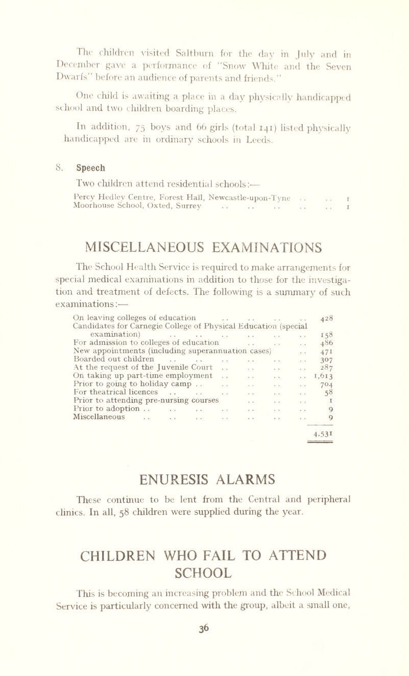 Hie children visited Saltburn for the day in July and in December gave a performance of “Snow White and the Seven Dwarfs” before an audience of parents and friends.” One child is awaiting a place in a day physically handicapped school and two c hildren boarding places. In addition, 75 boys and 66 girls (total 141) listed physically handicapped are in ordinary schools in Leeds. 8. Speech Two children attend residential schools:— Percy Hedley Centre, Forest Hall, Newcastle-upon-Tyne . . . . 1 Moorhouse School, Ox ted, Surrey .. .. . . . . . . 1 MISCELLANEOUS EXAMINATIONS The School Health Service L required to make arrangements for special medical examinations in addition to those for the investiga¬ tion and treatment of defects. The following is a summary of such examinations:— On leaving colleges of education . . . . . . 428 Candidates for Carnegie College of Physical Education (special examination) . . .. . . .. . . . . 158 For admission to colleges of education . . . . . . 486 New appointments (including superannuation cases) . . 471 Boarded out children . . . . . . . . . . 307 At the request of the Juvenile Court . . . . . . . . 287 On taking up part-time employment . . . . . . .. 1,613 Prior to going to holiday camp . . . . . . . . 704 For theatrical licences .. . . . . . . . . 58 Prior to attending pre-nursing courses . . . . 1 Prior to adoption .. . . . . . . . . . . . . 9 Miscellaneous . . . . . . . . .. .. .. 9 4.531 ENURESIS ALARMS These continue to be lent from the Central and peripheral clinics. In all, 58 children were supplied during the year. CHILDREN WHO FAIL TO ATTEND SCHOOL This is becoming an increasing problem and the School Medical Service is particularly concerned with the group, albeit a small one,