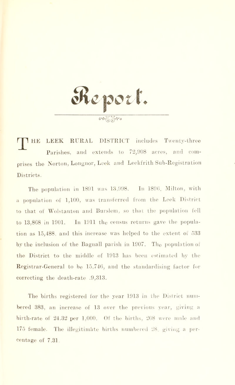 r 11 HE LEEK RURAL DISTRICT includes Twenty-three Parishes), and extends to 72,908 acres, and com¬ prises the Norton, Longnor, Leek and Leekfrith Sub-Registration Districts. The population in 1891 was 13,998. In 1890, Milton, with a population of 1,100, was transferred from the Leek District to that of Wolstauton and Burslem, so that the population fell to 13,868 in 1901. In 1911 the census returns gave the popula¬ tion as 15,488. and this increase was helped to the extent of 533 by the inclusion of the Bagnall parish in 1907. The population of the District to the middle of 1913 has been estimated by the Registrar-General to be 15,746, and the standardising factor for correcting the death-rate .9,313. The births registered for the year 1913 in the District num¬ bered 383, an increase of 13 over the previous year, giving a birth-rate of 24.32 per 1,000. Of the births, 208 were male and 175 female. The illegitimhte births numbered 28. giving a per¬ centage of 7.31