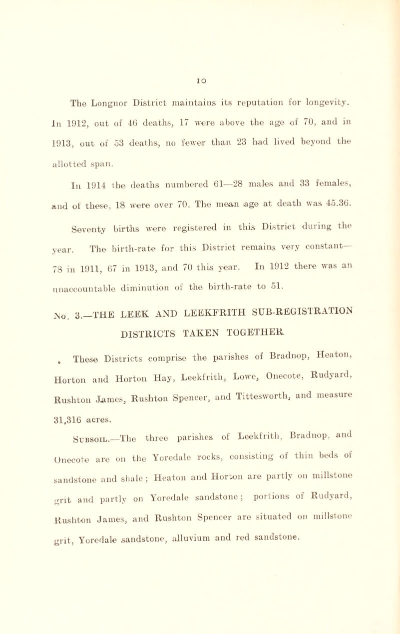 IO The Longnor District maintains its reputation for longevity. In 1912, out of 4G deaths, 17 were above the age of 70, and in 1913, out of 53 deaths, no fewer than 23 had lived beyond the allotted span. In 1914 the deaths numbered 61—28 males and 33 females, and of these, 18 were over 70. The mean age at death was 45.36. Seventy births were registered in this District during the year. The birth-rate for this District remains very constant- 78 in 1911, 67 in 1913, and 70 this year. In 1912 there was an unaccountable diminution of the birth-rate to 51. 3._THE LEEK AND LEEKFRITH SUB-REGISTRATION DISTRICTS TAKEN TOGETHER. . These Districts comprise the parishes of Bradnop, Heaton, Horton and Horton Hay, Leekfrith, Lowe, Onecote, Rudyard, Rushton Janies, Rushton Spencer, and Tittesworth, and measure 31,316 acres. Subsoil.—The three parishes of Leekfrith, Bradnop, and Onecote are on the Yoredale rocks, consisting of thin beds of sandstone and shale ; Heaton and Horton are partly on millstone grit and partly on Yoredale sandstone; portions of Rudyard, Rushton James, and Rushton Spencer are situated on millstone grit, Yoredale sandstone, alluvium and red sandstone.