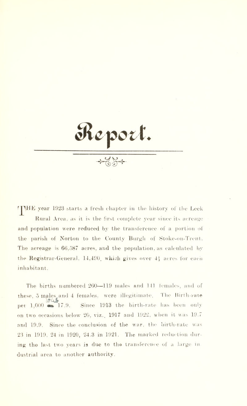 Rural Area, as it is the first complete year since its acreage and population were reduced by the transference of a portion of the parish of Norton to the County Burgh of Stoke-on-Trent. The acreage is 66.587 acres, and the population, as calculated by the Registrar-General. 14,400, which gives over 4i acres for each inhabitant. The births numbered 260—119 males and 111 females, and of these. 5 males and 4 females, were illegitimate. 'I ho Birth-vme ]JfUb pet 1,000 17.9. Since 1913 the birth-rate has been onlv on two occasions below 20, viz., 1917 and 1922, when it was 19.1 and 19.9. Since the conclusion of the war. the birth-rate was 23 in 1919. 24 in 1920, 24.3 in 1921. The marked reduction din¬ ing the last two years is due to the transference of a large in dustrial area to another authority.