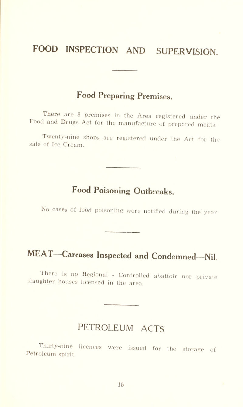 FOOD INSPECTION AND SUPERVISION. Food Preparing Premises. There are 8 premises in the Area registered under the Food and Drugs Act for the manufacture of prepared meats. Twenty-nine shops are registered under the Act for the sale of Ice Cream. Food Poisoning Outbreaks. No cases of food poisoning were notified during the year MEAT—Carcases Inspected and Condemned—Nil. There is no Regional - Controlled abattoir nor private slaughter houses licensed in the area. PETROLEUM ACTS Thirty-nine licences were issued for the storage of Petroleum spirit.