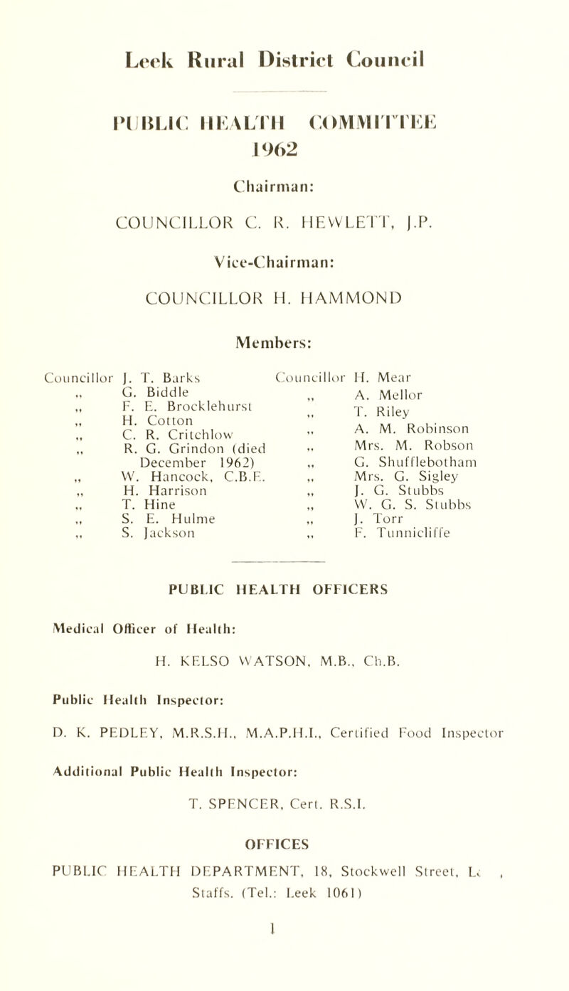 Leek Rural District Council PUBLIC HEALTH COMMITTEE I <>62 Chairman: COUNCILLOR C. R. HEWLETT, |.P. Vice-Chairman: COUNCILLOR H. HAMMOND Members: Councillor J. T. Barks „ G. Biddle „ F. E. Brocklehursl „ H. Cotton ,, C. R. Critchlow ,, R. G. Grindon (died December 1962) „ W. Hancock, C.B.F.. „ H. Harrison „ T. Hine „ S. E. Hulme ,, S. Jackson Councillor H. Mear „ A. Mellor T. Riley „ A. M. Robinson „ Mrs. M. Robson ,, G. Shufflebotham „ Mrs. G. Sigley „ J. G. Stubbs W. G. S. Stubbs „ J. Torr ,, F. Tunnicliffe PUBLIC HEALTH OFFICERS Medical Officer of Health: H. KELSO WATSON, M.B., Ch.B. Public Health Inspector: D. K. PEDLEY, M.R.S.H., M.A.P.H.I., Certified Food Inspector Additional Public Health Inspector: T. SPENCER, Cert. R.S.I. OFFICES PUBLIC HEALTH DEPARTMENT, 18, Stockwell Street, L. , Staffs. (Tel.: Leek 1061)