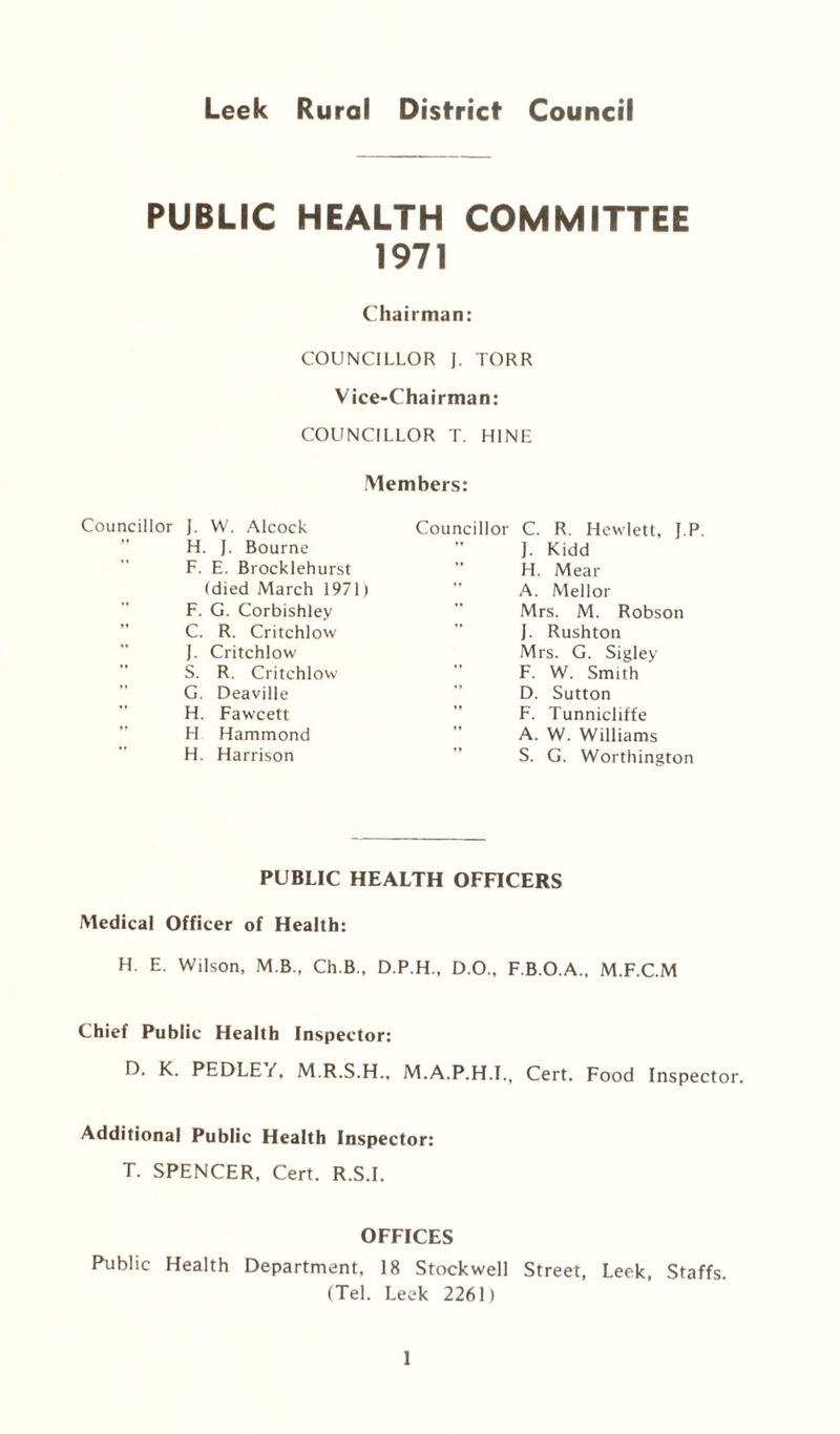 Leek Rural District Council PUBLIC HEALTH COMMITTEE 1971 Chairman: COUNCILLOR J. TORR Vice-Chairman: COUNCILLOR T. HINE Members: Councillor J. W. Alcock H. J. Bourne F. E. Brocklehurst (died March 1971) F. G. Corbishley C. R. Critchlow J. Critchlow S. R. Critchlow G. Deaville H. Fawcett H Hammond H. Harrison Councillor C. R. Hewlett, J.P. J. Kidd H. Mear A. Mellor Mrs. M. Robson J. Rushton Mrs. G. Sigley F. W. Smith D. Sutton F. Tunnicliffe A. W. Williams S. G. Worthington PUBLIC HEALTH OFFICERS Medical Officer of Health: H. E. Wilson, M.B., Ch.B., D.P.H., D.O., F.B.O.A., M.F.C.M Chief Public Health Inspector: D. K. PEDLE/, M.R.S.H., M.A.P.H.I., Cert. Food Inspector. Additional Public Health Inspector: T. SPENCER, Cert. R.S.I. OFFICES Public Health Department, 18 Stockwell Street, Leek, Staffs. (Tel. Leek 2261) 1