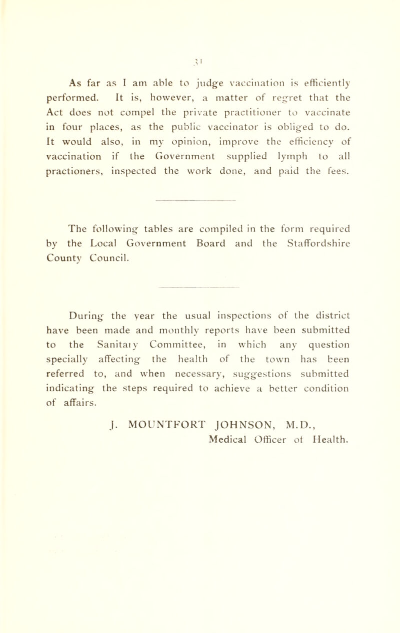 performed. It is, however, a matter of regret that the Act does not compel the private practitioner to vaccinate in four places, as the public vaccinator is obliged to do. It would also, in my opinion, improve the efficiency of vaccination if the Government supplied lymph to all practioners, inspected the work done, and paid the fees. The following tables are compiled in the form required by the Local Government Board and the Staffordshire County Council. During the year the usual inspections of the district have been made and monthly reports have been submitted to the Sanitaty Committee, in which any question specially affecting the health of the town has been referred to, and when necessary, suggestions submitted indicating the steps required to achieve a better condition of affairs. J. MOUNTFORT JOHNSON, M.D., Medical Officer ot Health.