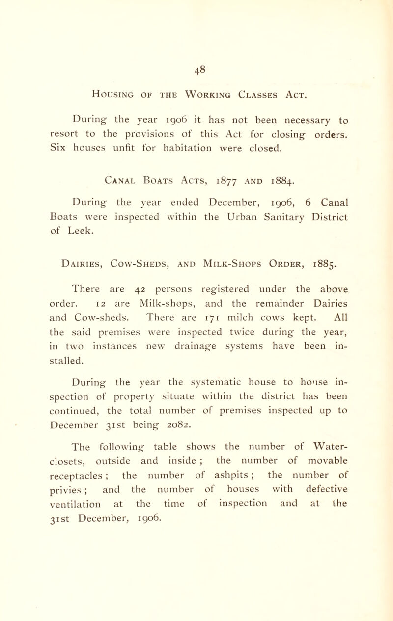 Housing of the Working Classes Act. During the year 1906 it has not been necessary to resort to the provisions of this Act for closing orders. Six houses unfit for habitation were closed. Canal Boats Acts, 1877 and 1884. During the year ended December, 1906, 6 Canal Boats were inspected within the Urban Sanitary District of Leek. Dairies, Cow-Sheds, and Milk-Shops Order, 1885. There are 42 persons registered under the above order. 12 are Milk-shops, and the remainder Dairies and Cow-sheds. There are 171 milch cows kept. All the said premises were inspected twice during the year, in two instances new drainage systems have been in¬ stalled. During the year the systematic house to house in¬ spection of property situate within the district has been continued, the total number of premises inspected up to December 31st being 2082. The following table shows the number of Water- closets, outside and inside ; the number of movable receptacles; the number of ashpits; the number of privies ; and the number of houses with defective ventilation at the time of inspection and at the 31st December, 1906.