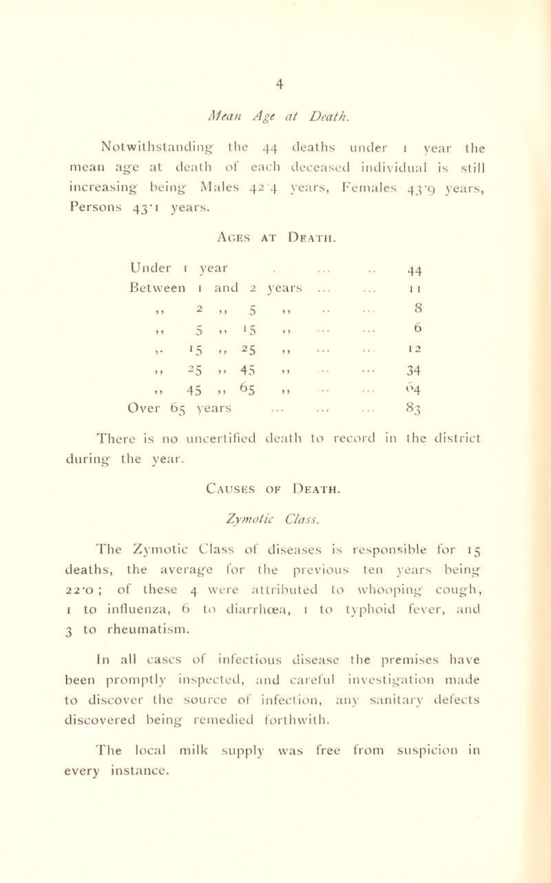 Mean Age at Death. Notwithstanding the 44 deaths under 1 year the mean age at death of each deceased individual is still increasing' being' Males 0 O 42 4 years, Females 43'9 years Persons 43-i years. Ages at Death Under 1 year 44 Between 1 and 2 years 11 ,, 2 ,, 5 n 8 > > 5 > > US 1» ■ • • 6 > • * 5 * > 25 ,, ... 1 2 1> 25 j1 45 > > 34 i) 45 >> 65 M ... 04 Over 65 years «3 There is no uncertified death to record in the district during the year. Causes of Death. Zymotic Class. The Zymotic Class of diseases is responsible for 15 deaths, the average for the previous ten years being 22-o ; of these 4 were attributed to whooping cough, 1 to influenza, 6 to diarrhoea, 1 to typhoid fever, and 3 to rheumatism. In all cases of infectious disease the premises have been promptly inspected, and careful investigation made to discover the source of infection, any sanitary defects discovered being remedied forthwith. The local milk supply was free from suspicion in every instance.