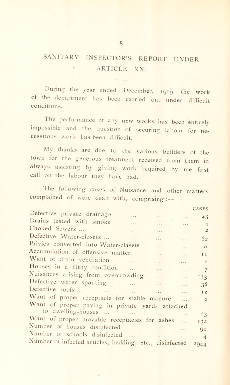 SANITARY INSPECTOR’S REPORT UNDER ARTICLE XX. During the year ended December, 1919, the work of the department has been carried out under difficult conditions. The performance of any new works has been entirely impossible and the question of securing labour for ne¬ cessitous work has been difficult. My thanks are due to the various builders of the town for the generous treatment received from them in always assisting by giving work required by me first call on the labour they have had. The following cases of Nuisance and other matters complained ot were dealt with, comprising CASES Defective private drainage Drains tested with smoke Choked Sewers ... Defective Water-closets ... Privies converted into Water-clasets Accumulation of offensive matter Want ot drain ventilation Houses in a filthy condition Nuisances arising from overcrowding Defective water spouting- Defective roofs... Want of proper receptacle for stable m; nure Want of proper paving in private yards attached to dwelling-houses ... Want of proper movable receptacles for ashes Number of houses disinfected Number of schools disinfected Number of infected articles, bedding, etc., disinfected 43 4 2 62 o 11 2 12 92 4 2944
