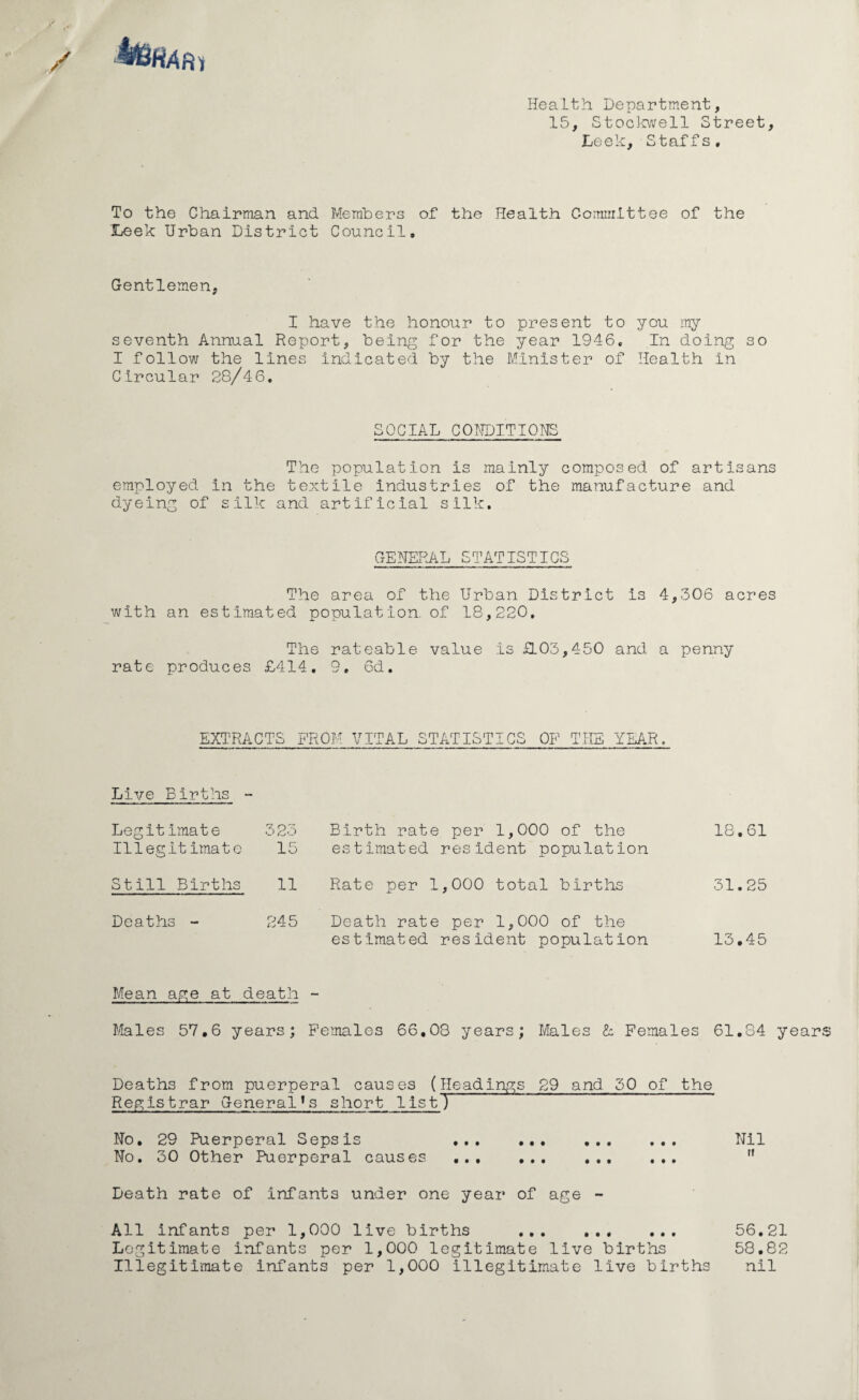 ifcHAR, Health Department, 15, Stockwell Street, Leek, Staffs. To the Chairman and Members of the Health Committee of the Leek Urban District Council, Gentlemen, I have the honour to present to you my seventh Annual Report, being for the year 1946. In doing so I follow the lines indicated by the Minister of Health In Circular 28/46. SOCIAL CONDITIONS The population is mainly composed of artisans employed In the textile industries of the manufacture and dyeing of silk and artificial silk. GENERAL STATISTICS The area of the Urban District is 4,306 acres with an estimated population, of 18,220. The rateable value is £L03,450 and a penny rate produces £414. 9. 6d. EXTRACTS PROM VITAL STATISTICS OP THE YEAR, Live Births - Legitimate Illeg.lt Imate 323 15 Birth rate per 1,000 of the estimated resident population 18.61 Still Births 11 Rate per 1,000 total births 31.25 Deaths - 245 Death rate per 1,000 of the estimated resident population 13.45 Mean age at death - Males 57.6 years; Females 66.08 years; Males & Females 61.84 years Deaths from puerperal causes (Headings 29 and 30 of the Registrar Generali short listT~ No. 29 Puerperal Sepsis . Nil No. 30 Other Puerperal causes ... ... ... ...  Death rate of infants under one year of age - All infants per 1,000 live births ... .. 56.21 Legitimate infants per 1,000 legitimate live births 58.82 Illegitimate infants per 1,000 illegitimate live births nil