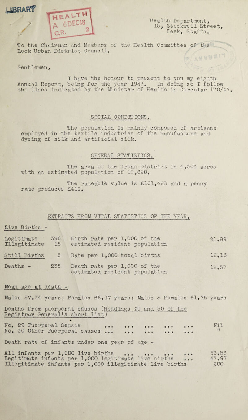 Health Department, 15, Stockwell Street, Leek, Staffs. To the Chairman and Members of the Health Committee of the Leek Urban District Council. Gentlemen. I have the honour to present to you my eighth Annual Report, being for the year 1947. In doing so I follow the lines Indicated by the Minister of Health In Circular 170/47 SOCIAL CONDITIONS. The population is mainly composed of artisans employed in the textile industries of the manufacture and dyeing of silk and artificial silk. GENERAL STAT1STICS, The area of the Urban District is 4,306 acres with an estimated population of 18,690, The rateable value is £101,428 and a penny rate produces £419, EXTRACTS FROM VITAL STATISTICS OF THE YEAR, Live Births - Legitimate Illegitimate 396 15 Birth rate es timated per 1,000 of the resident population 21,99 Still Births 5 Rate per 1 ,000 total births 12,16 Deaths - 235 Death rate es timated per 1,000 of the resident population 12.57 Mean age at death - Males 57,34 years; Females 66.17 years; Males & Females 61,75 years Deaths from puerperal causes (Headings 29 and 50 of the Registrar Generali short listT No, 29 Puerperal Sepsis ... Nil No, 30 Other Puerperal causes ... .. .. M Death rate of infants under one year of age - All infants per 1,000 live births .. ,.. 53,53 Legitimate infants per 1,000 legitimate live births ... 47,97 Illegitimate infants per 1,000 illegitimate live births 200