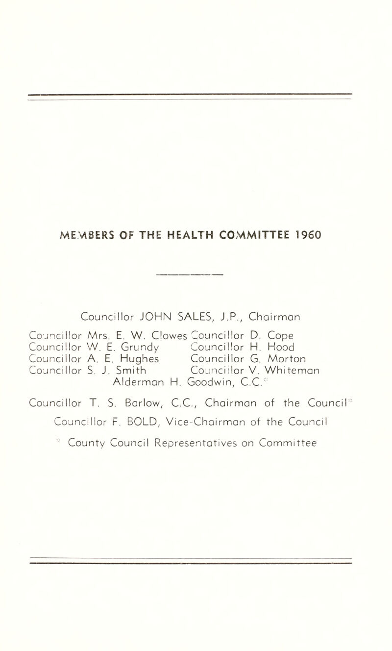 MEMBERS OF THE HEALTH COMMITTEE 1960 Councillor JOHN SALES, J.P., Chairman Councillor Mrs. E. W. Clowes Councillor D. Cope Councillor W. E. Grundy Councillor H. Hood Councillor A. E. Hughes Councillor G. Morton Councillor S. J. Smith Councillor V. Whiteman Alderman H. Goodwin, C.C.* Councillor T. S. Barlow, C.C., Chairman of the Counc Councillor F. BOLD, Vice-Chairman of the Council County Council Representatives on Committee
